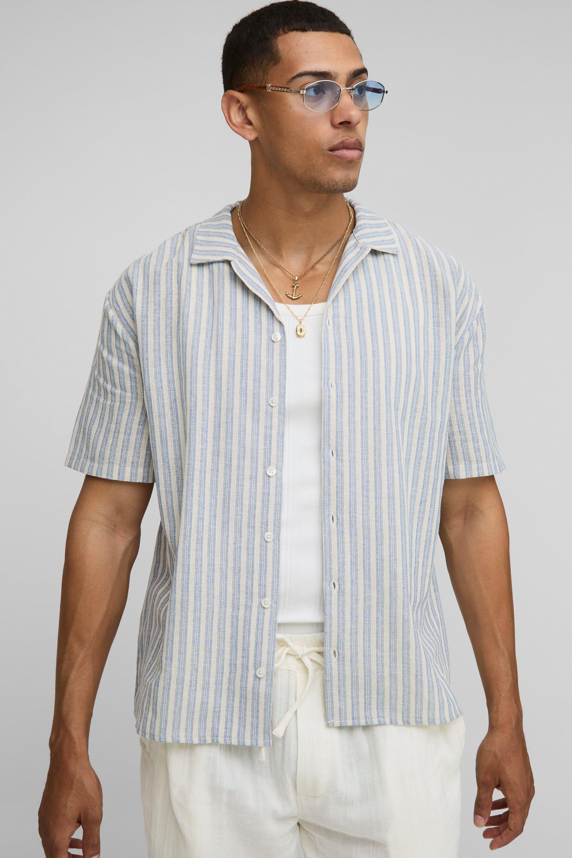 Mens Blue Oversized Fit Striped Short Sleeve Shirt, Blue