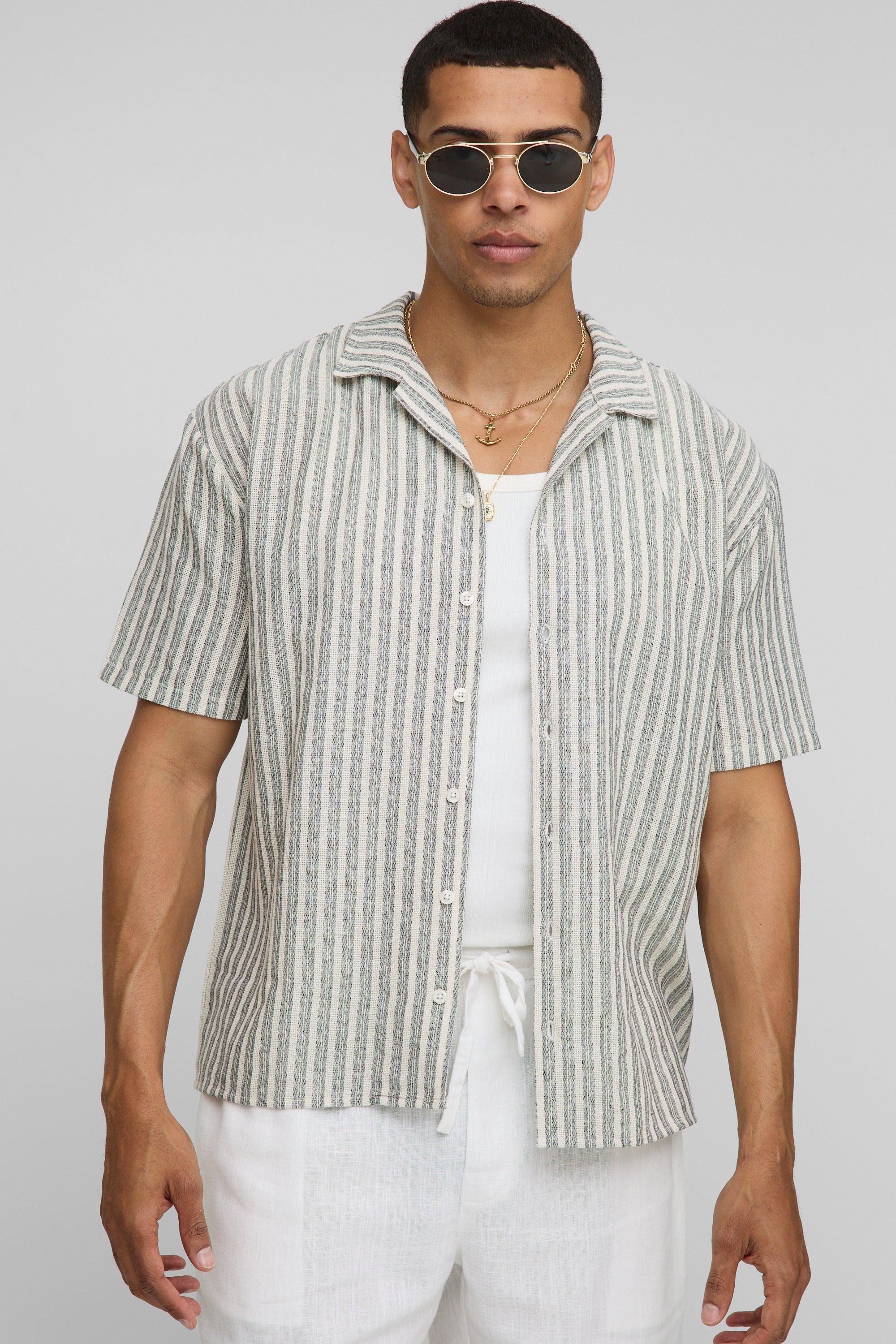 Mens Brown Oversized Fit Striped Short Sleeve Shirt, Brown