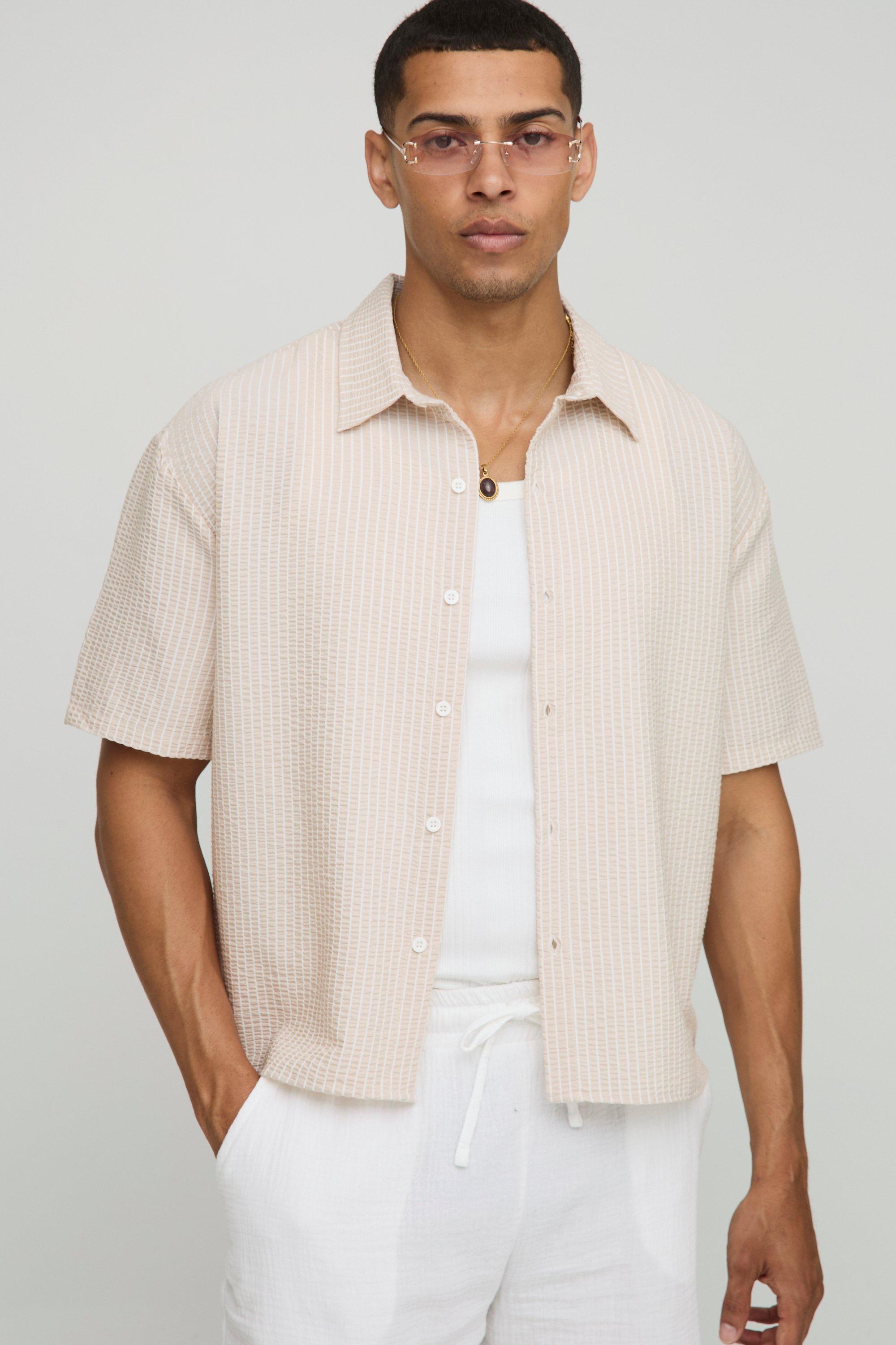 Mens Beige Boxy Short Sleeve Pinstripe Shirt, Beige