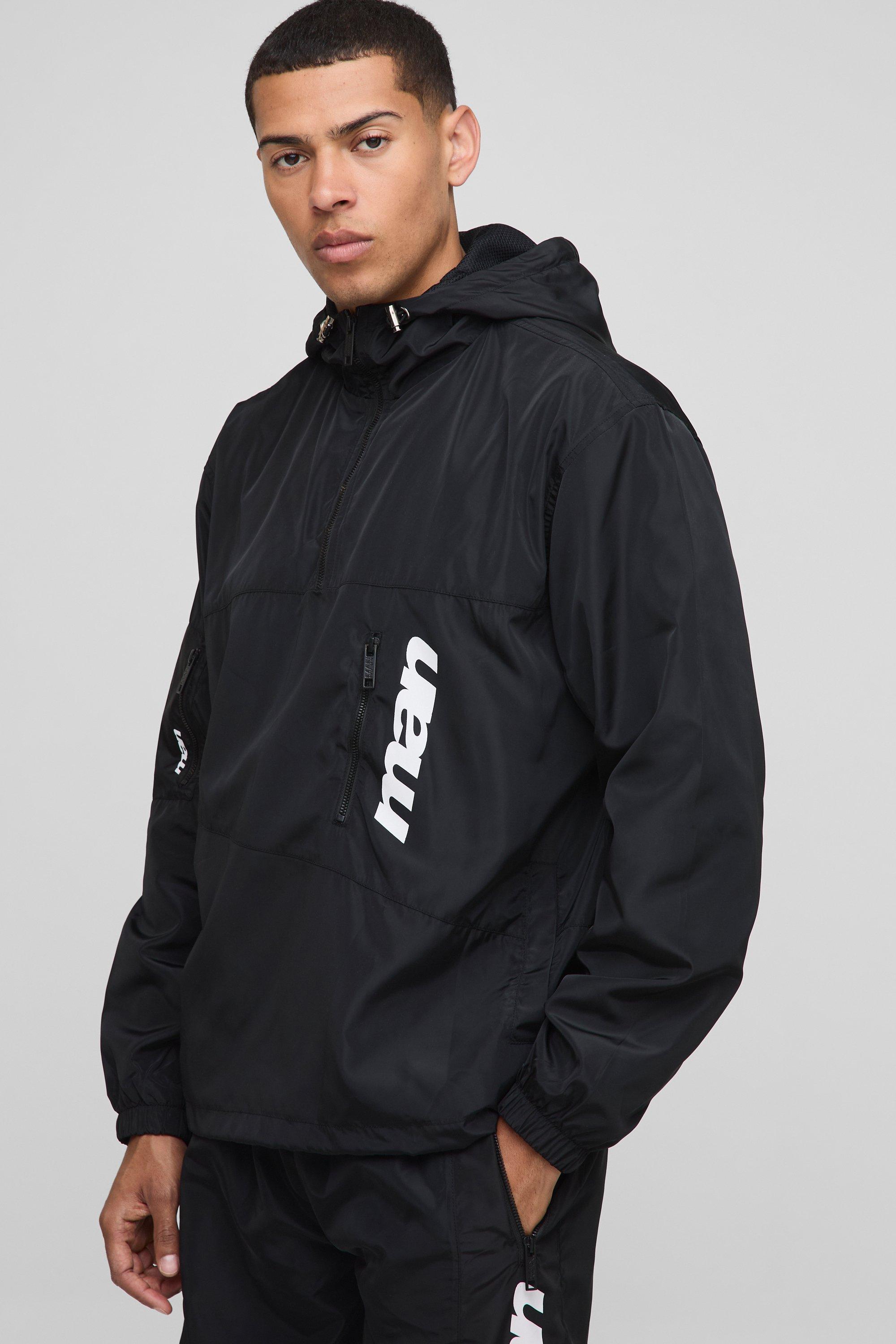 Mens Black MAN Oversized Nylon Jacket With Hood, Black