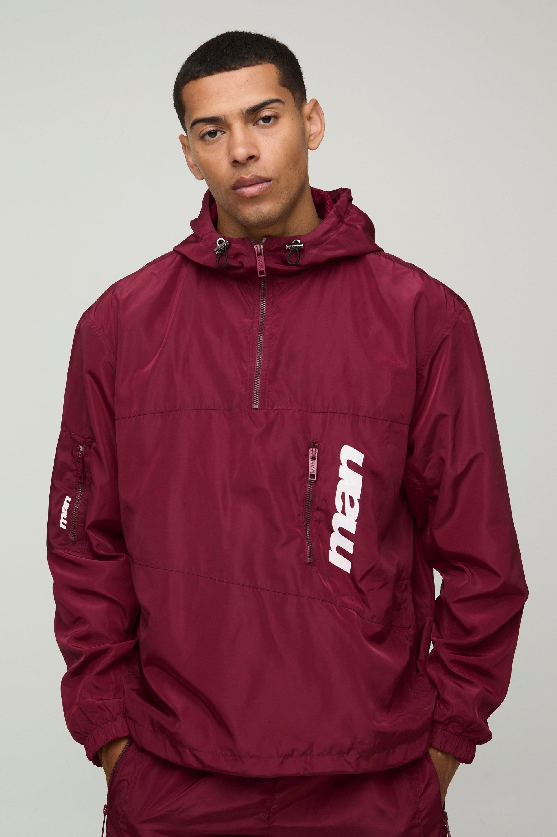 Mens Maroon MAN Oversized Nylon Jacket With Hood, Maroon