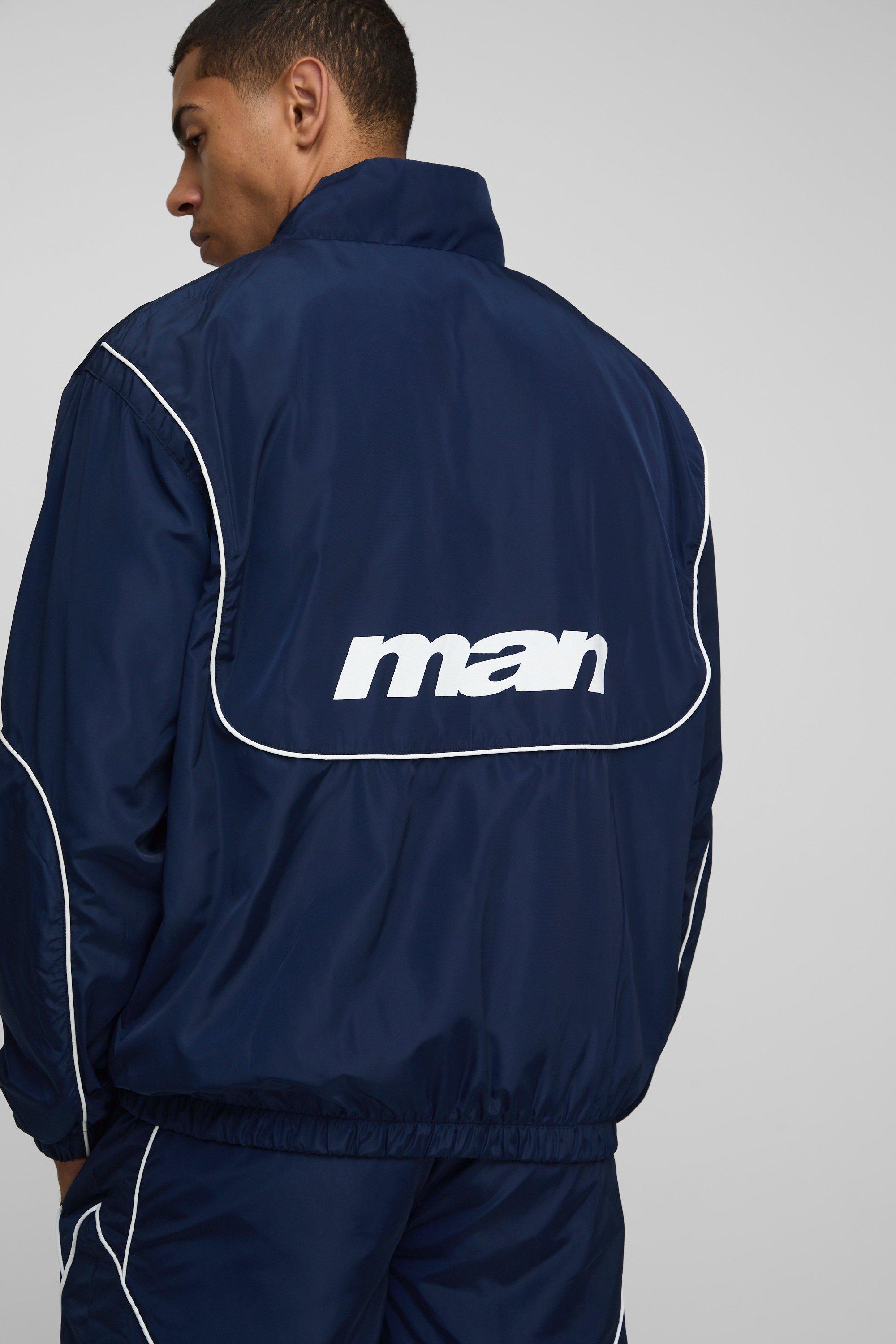 Mens Navy MAN Regular Fit Nylon Track Jacket, Navy