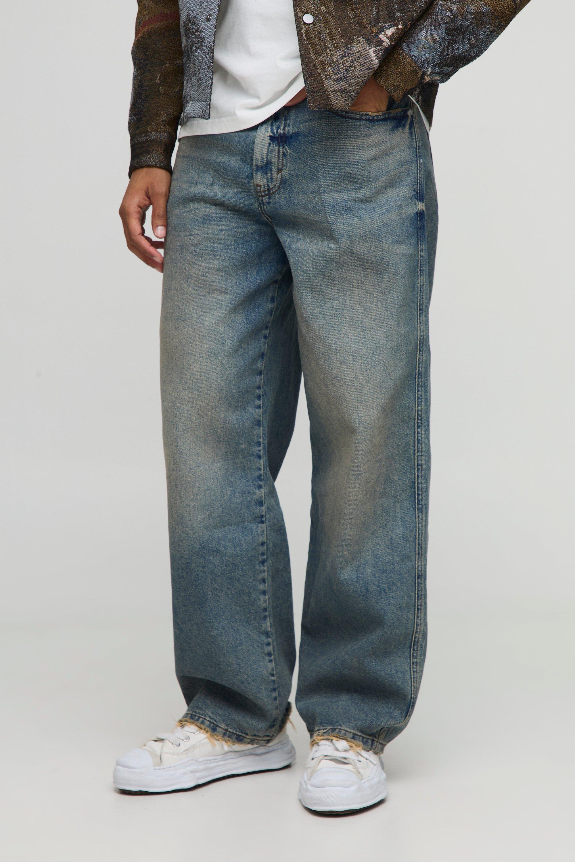 Mens Blue Relaxed Fit Dirty Wash Tinted Jeans, Blue