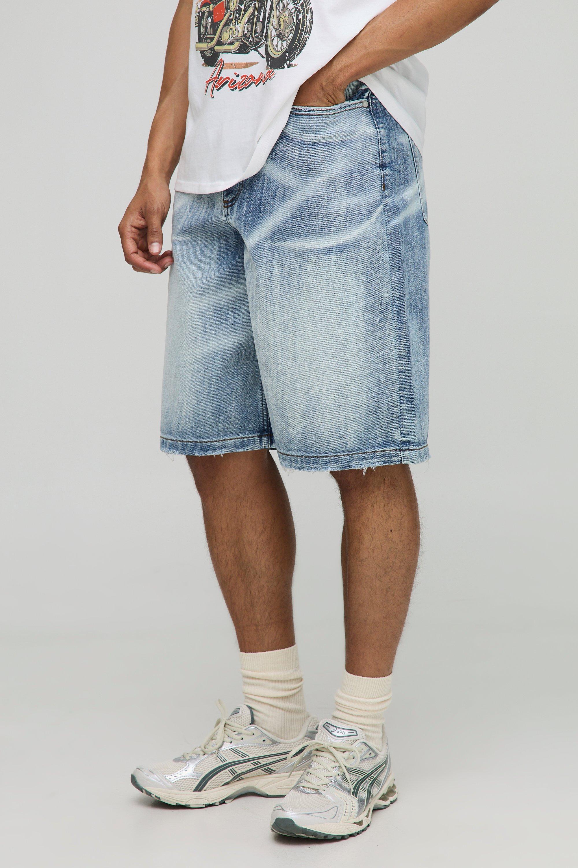 Mens Blue Regular Fit Extreme Washed Denim Jorts, Blue