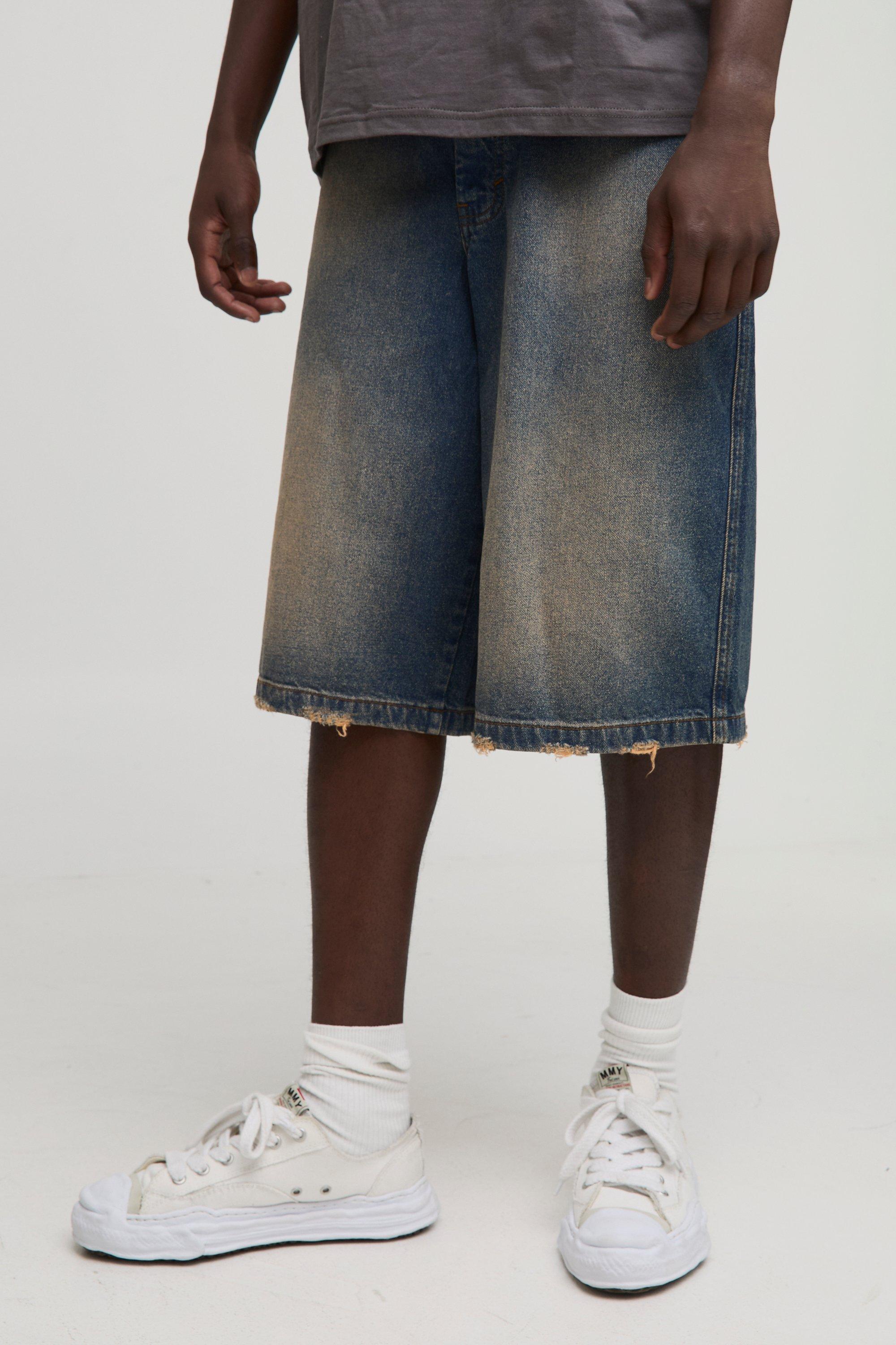 Mens Grey Longline Tinted Nibbled Pocket Denim Jorts, Grey