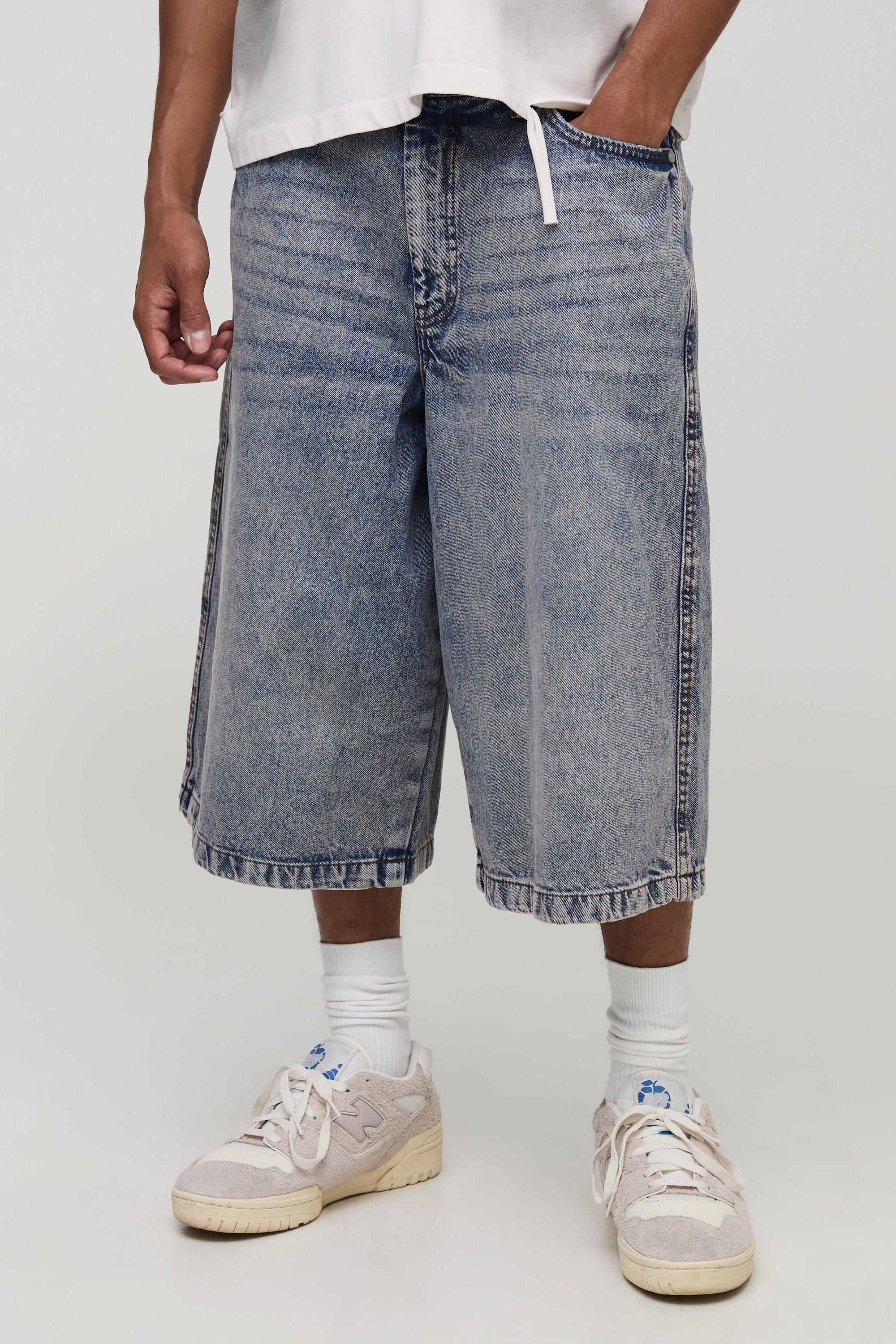 Mens Grey Longline Tinted Nibbled Pocket Denim Jorts, Grey