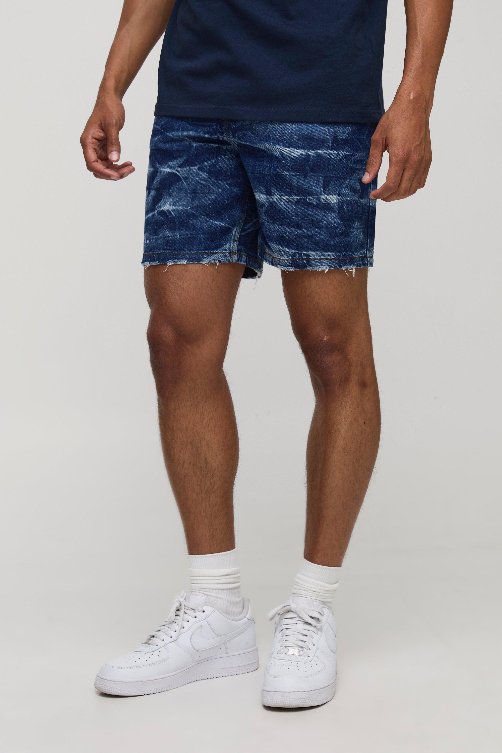 Mens Blue Slim Fit Crinkle Washed Denim Shorts, Blue
