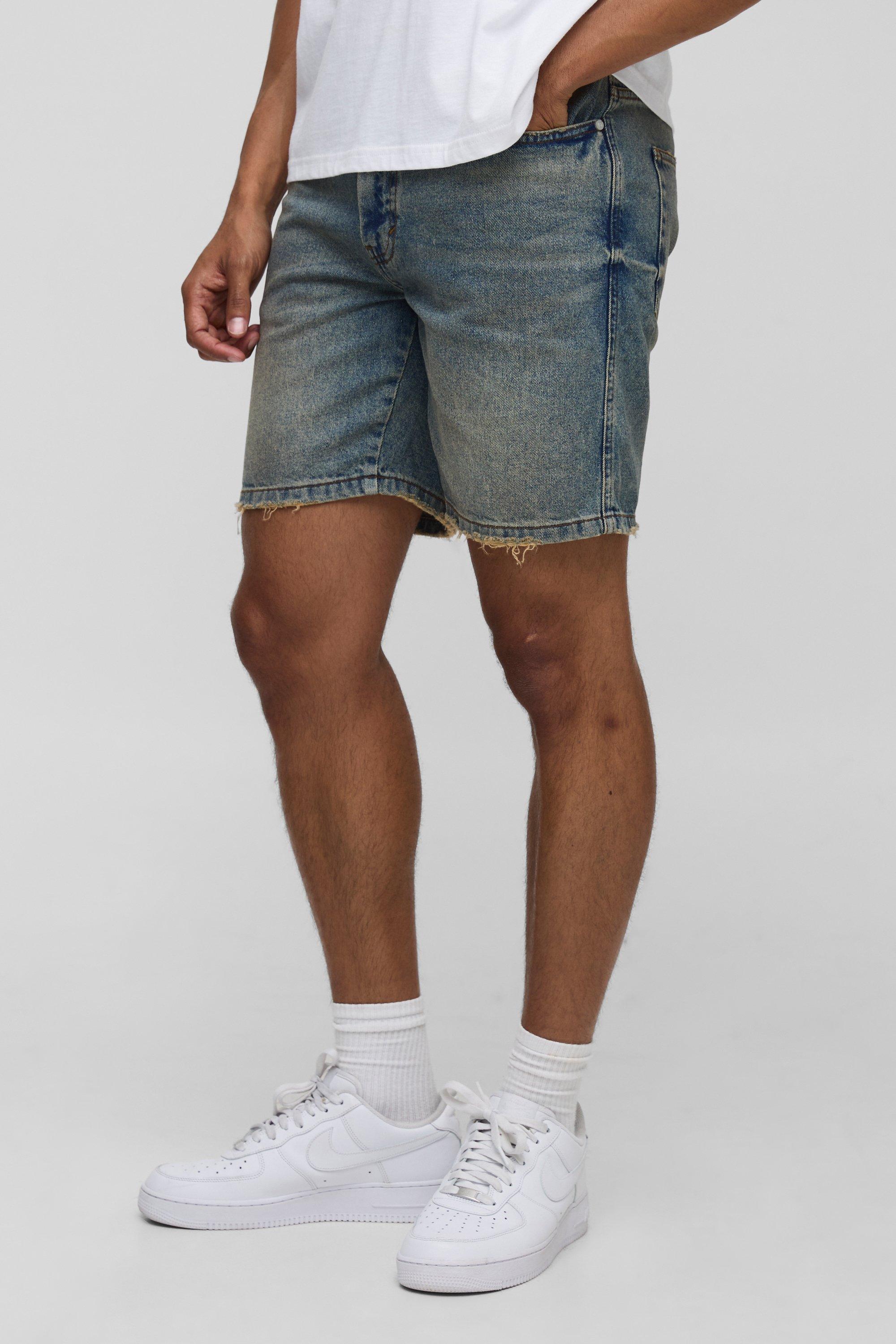 Image of Straight Fit Dirty Wash Tinted Denim Shorts, Azzurro