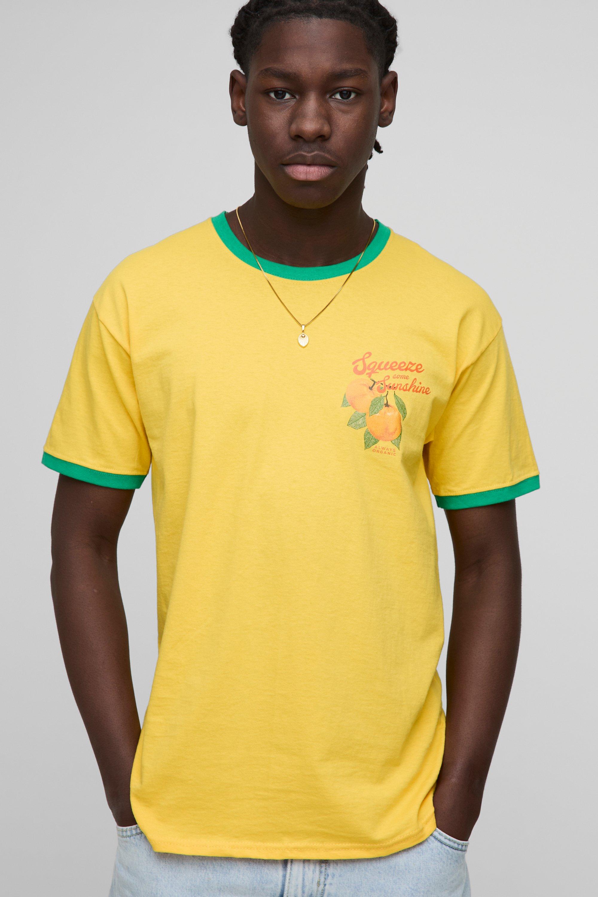 Mens Yellow Regular Fit Orange Graphic Ringer T-Shirt, Yellow