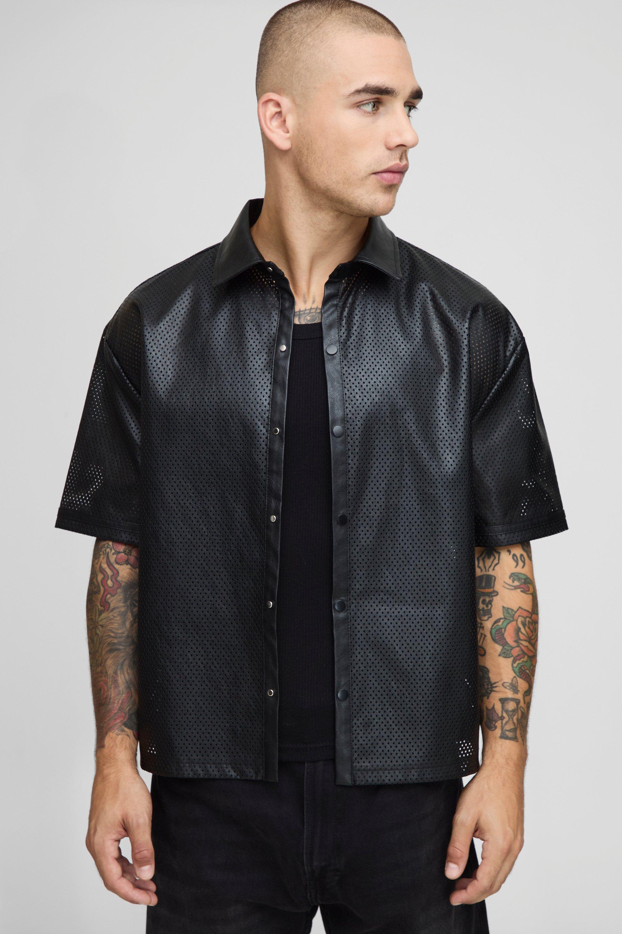 Mens Black Oversized Boxy Mesh PU Short Sleeve Shirt, Black