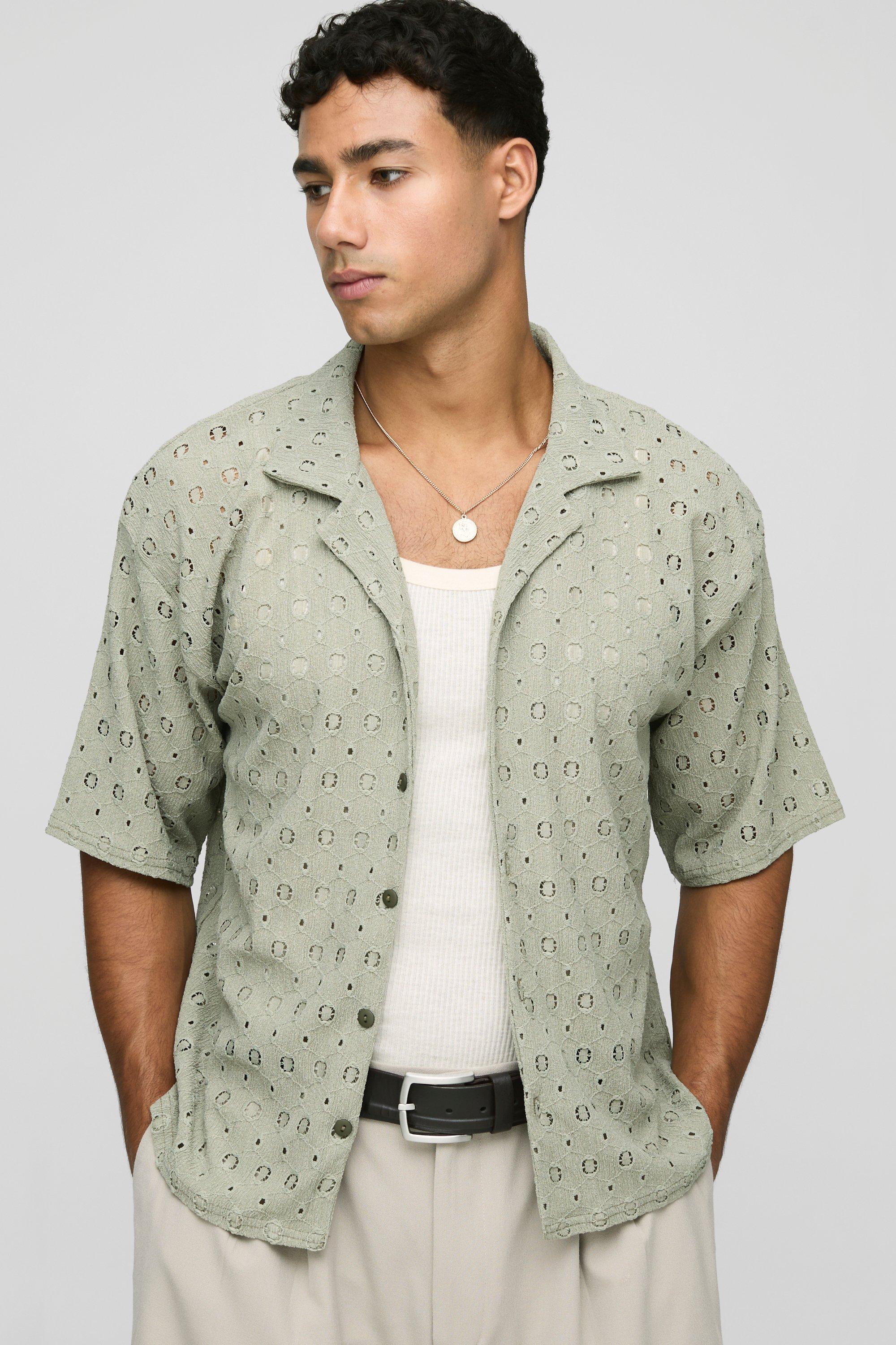 Mens Green Oversized Boxy Revere Abstract Broderie Shirt, Green