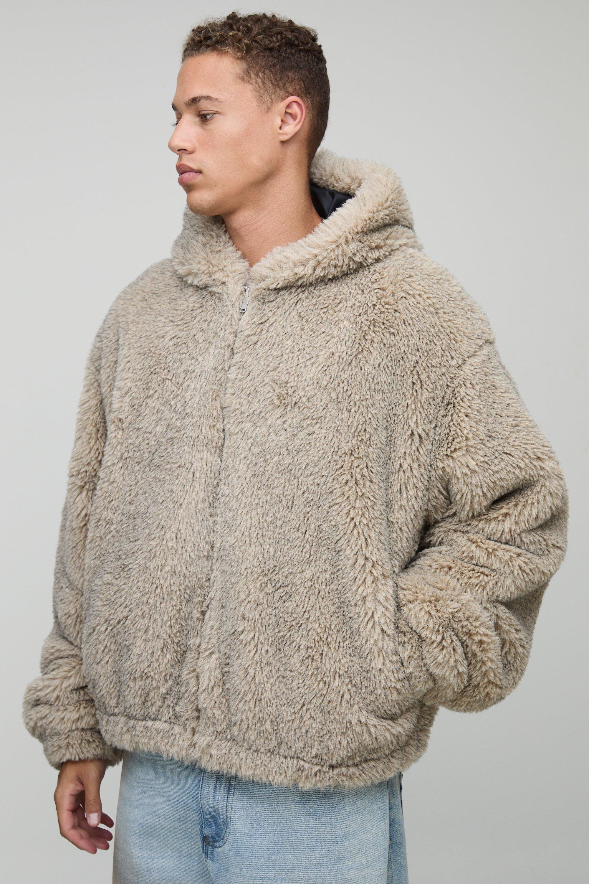 Boohoo Tall Oversized Hooded Faux Fur Zip Through Jacket In Stone, Stone
