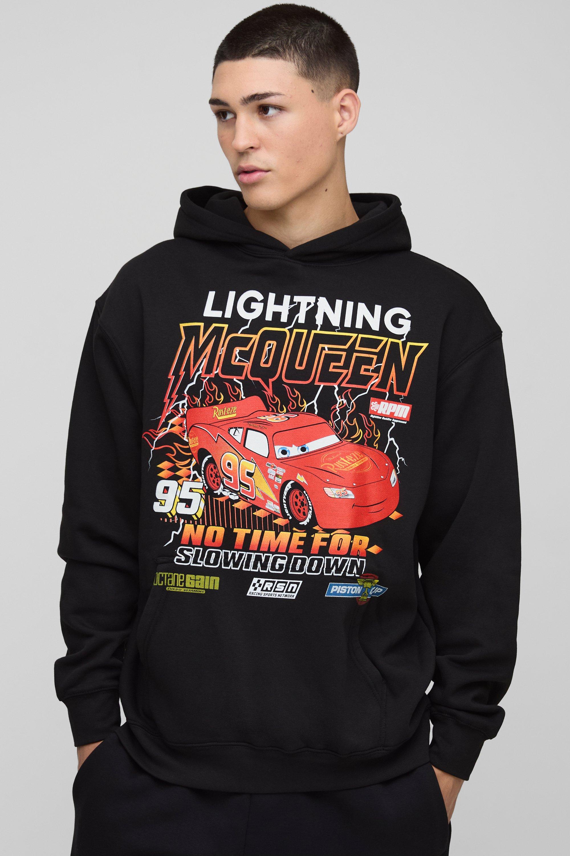 Mens Black Oversized Disney Cars License Printed Hoodie, Black