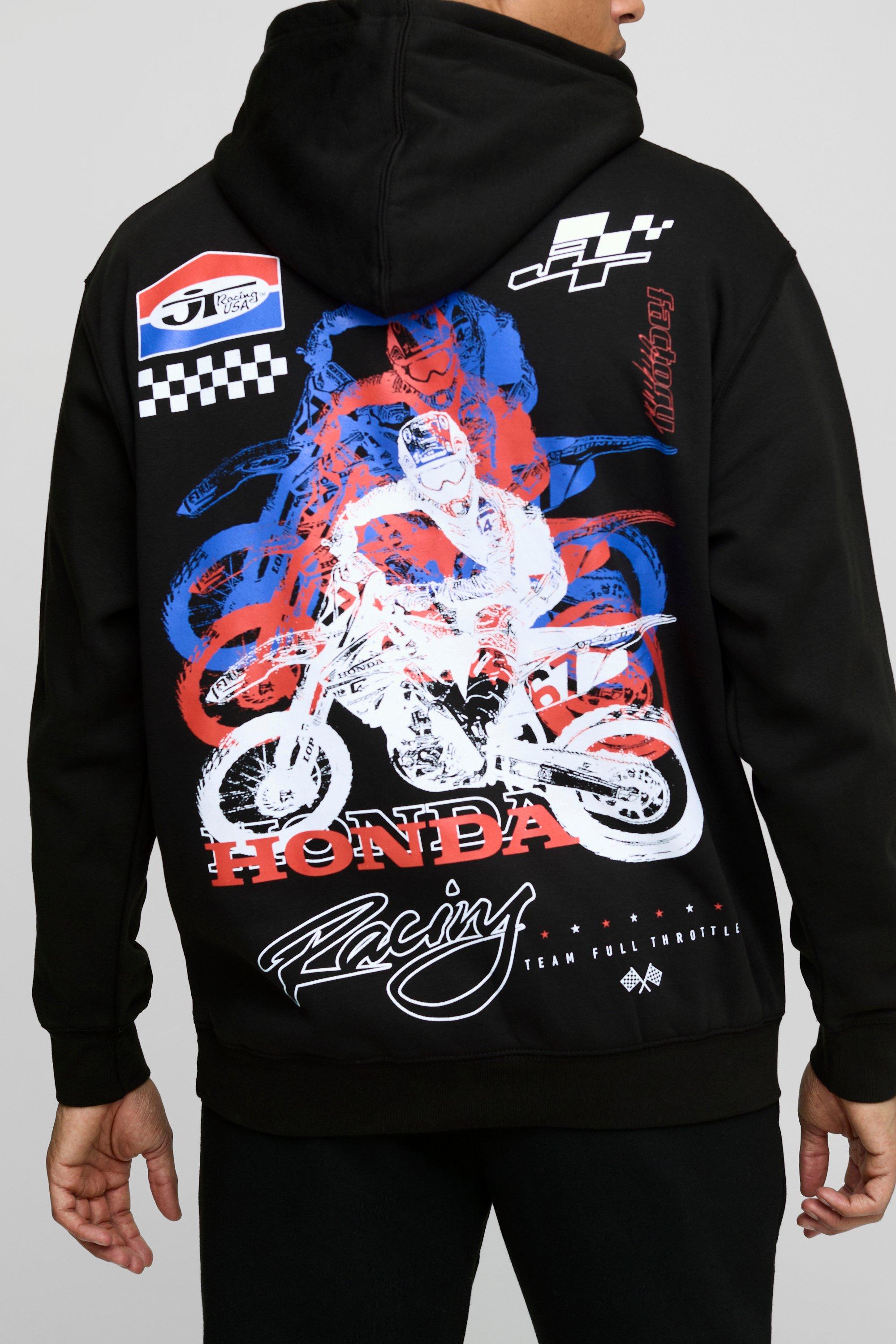 Mens Black Oversized Honda RS JT Racing License Printed Hoodie, Black