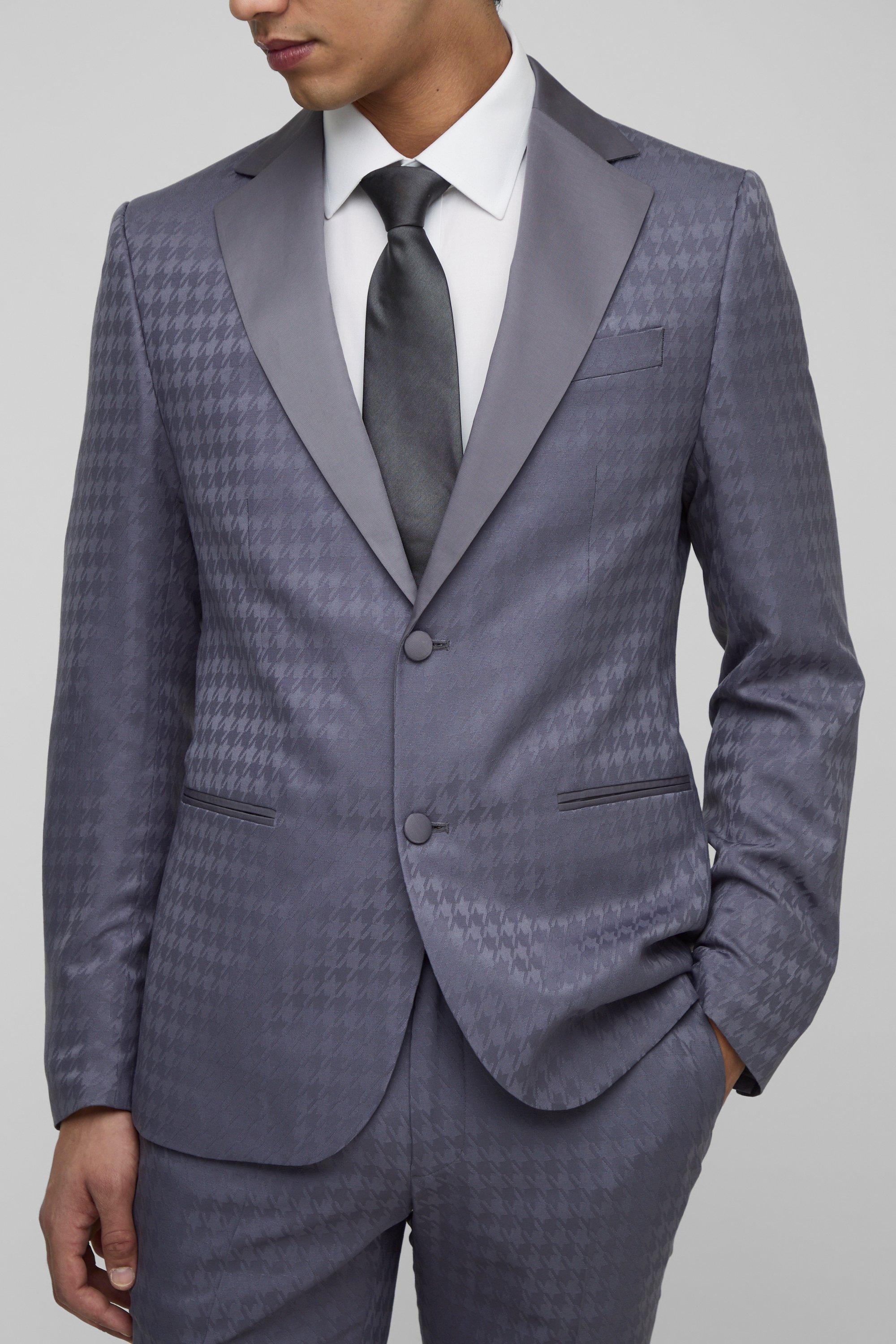 Mens Grey Tonal Houndstooth Single Breasted Jacket, Grey
