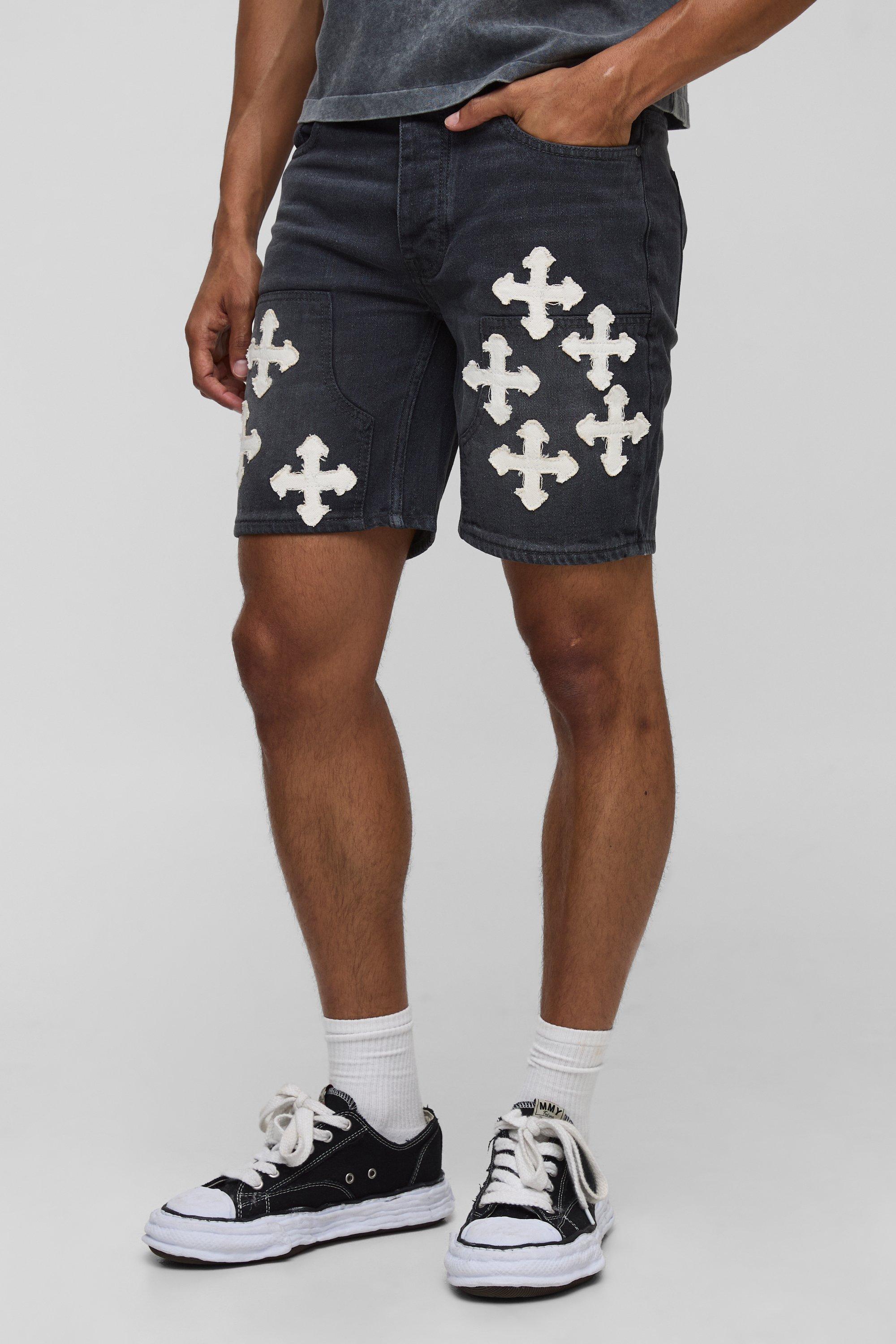 Image of Straight Fit Cross Applique Carpenter Denim Shorts, Grigio