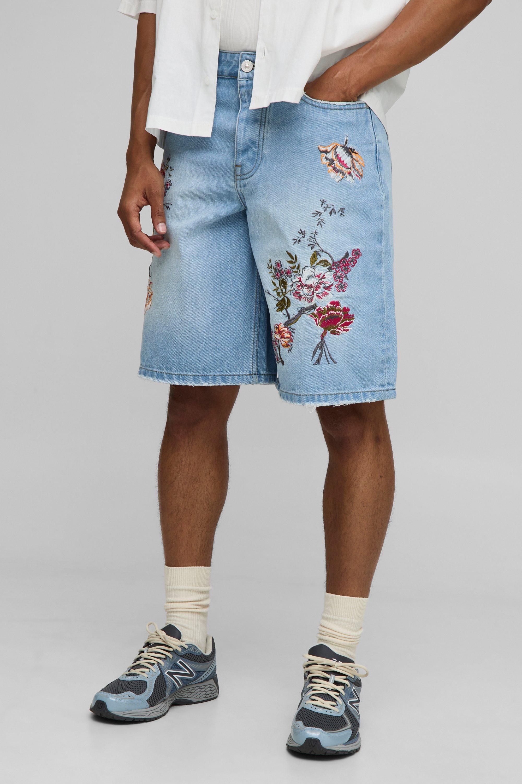 Image of Baggy Fit Floral Embroidered Washed Denim Shorts, Azzurro