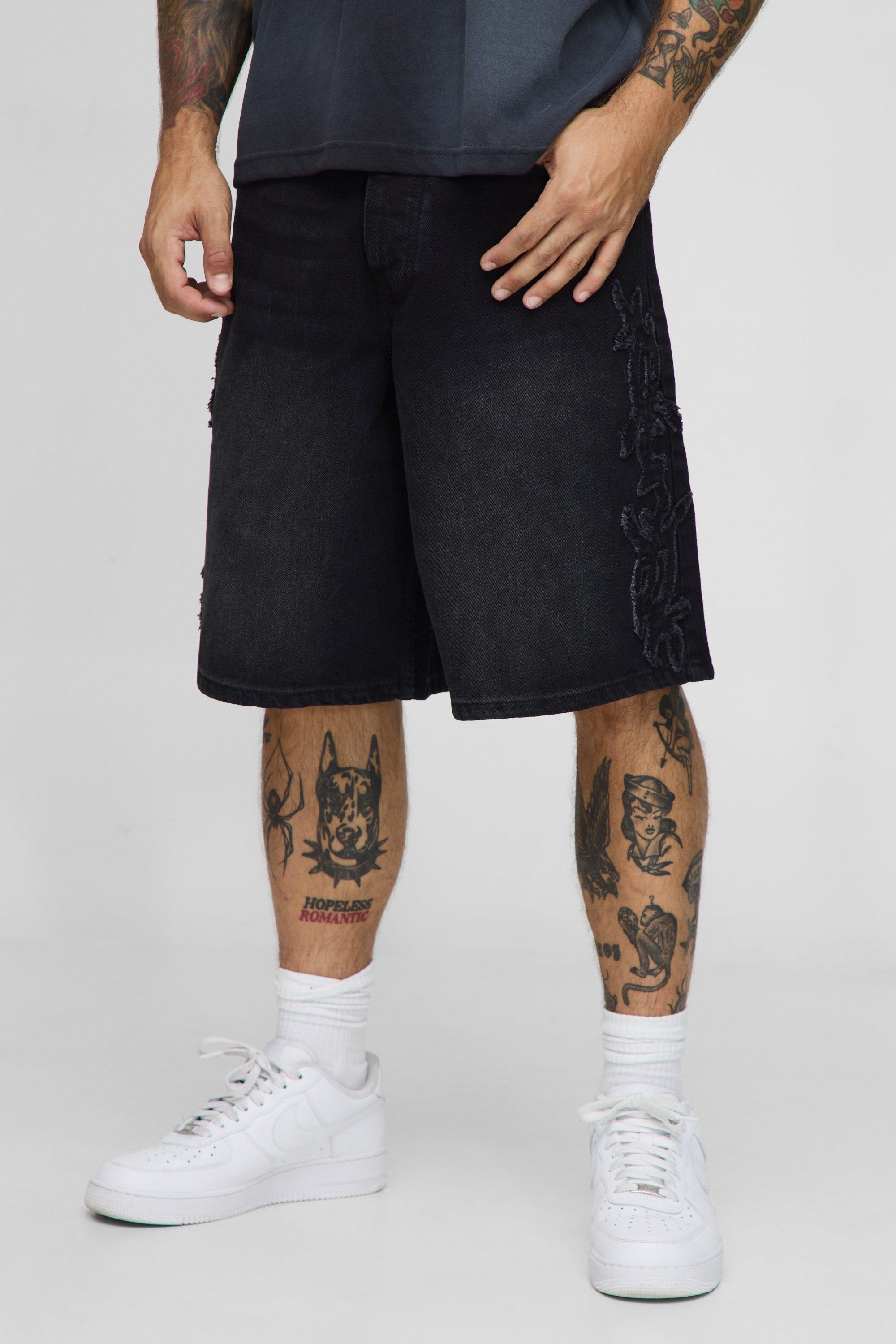 Mens Black Baggy Fit Distressed Tribal Applique Denim Shorts, Black