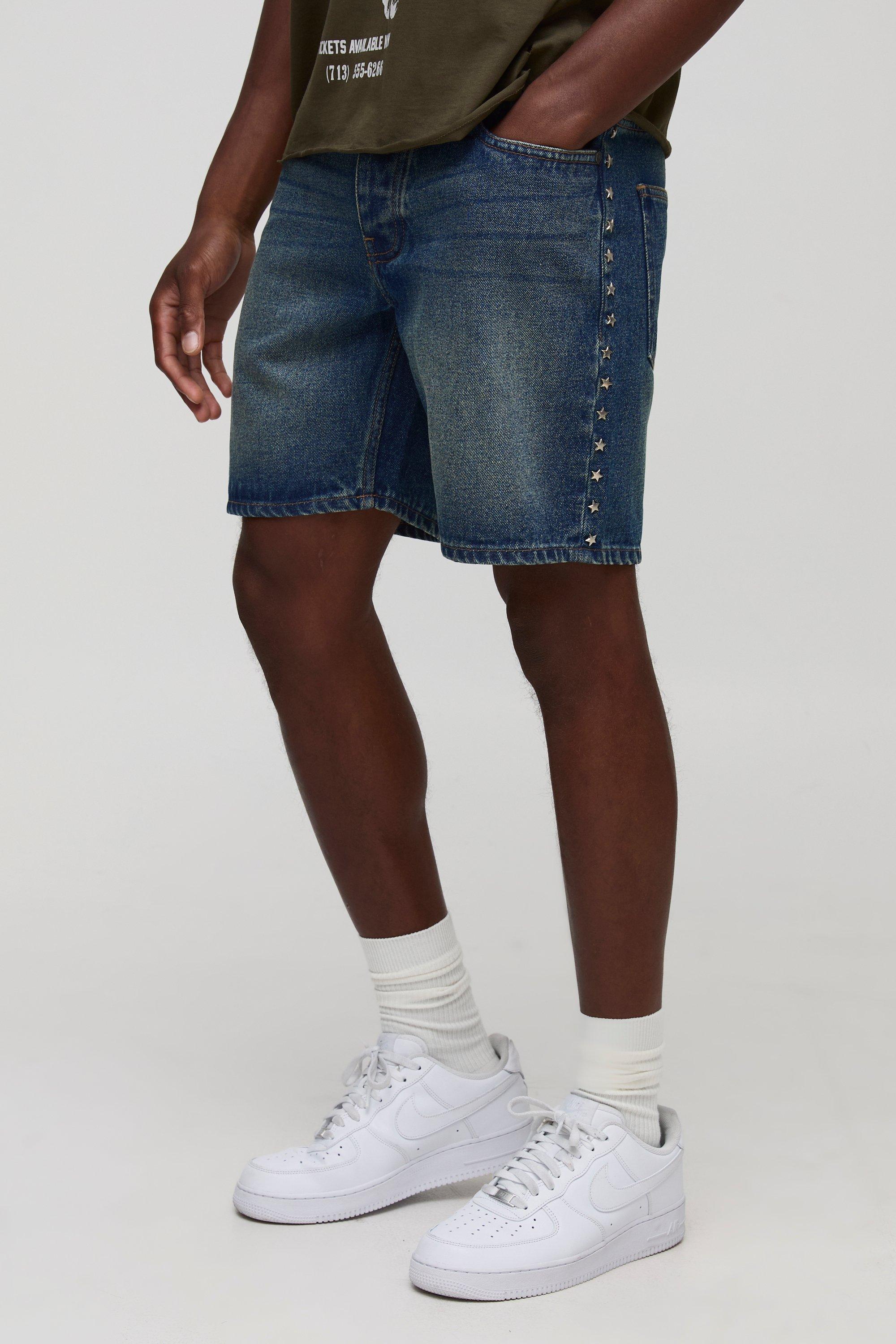 Image of Slim Fit Antique Blue Star Studded Denim Shorts, Azzurro