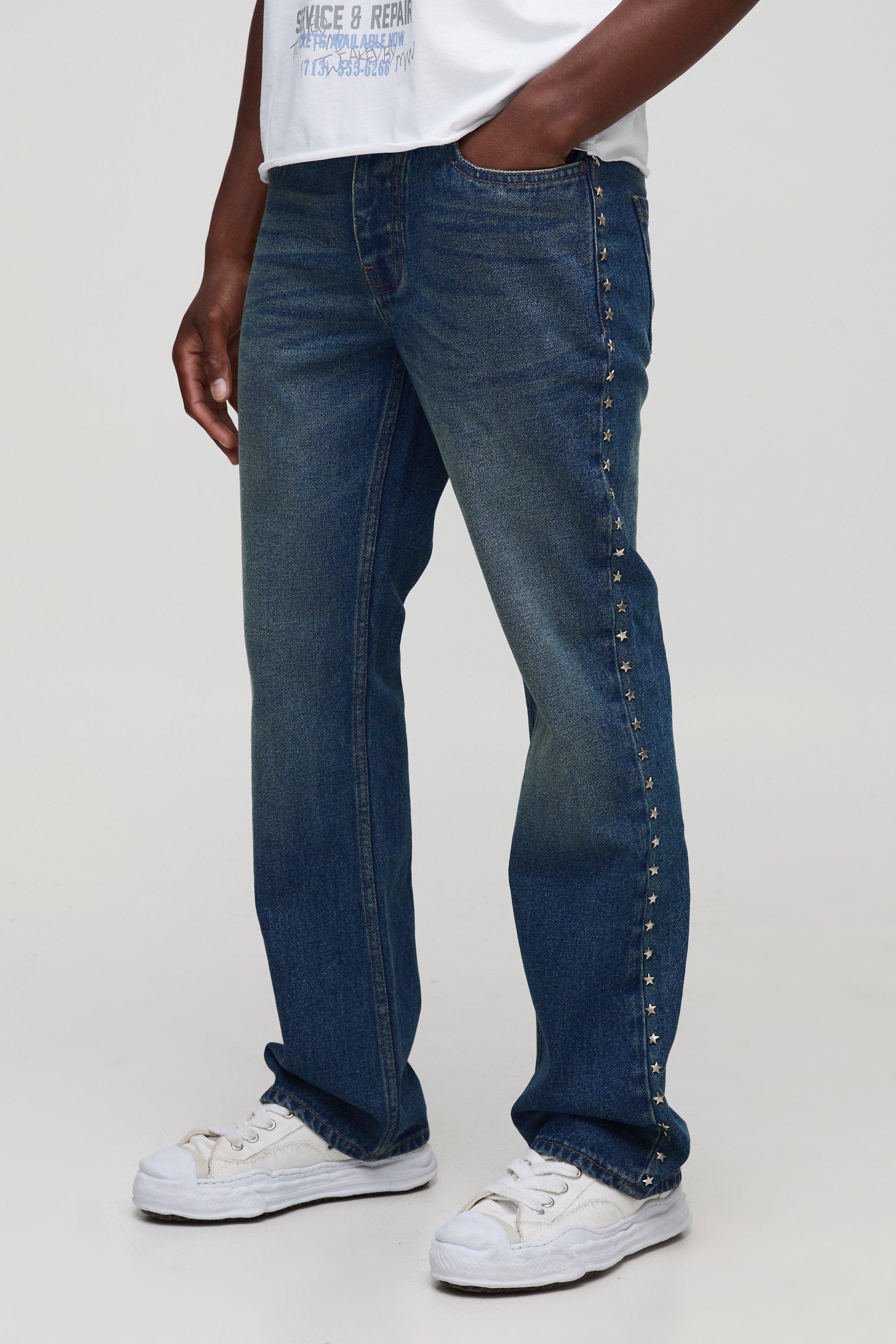 Image of Slim Flared Antique Blue Star Studded Jeans, Azzurro