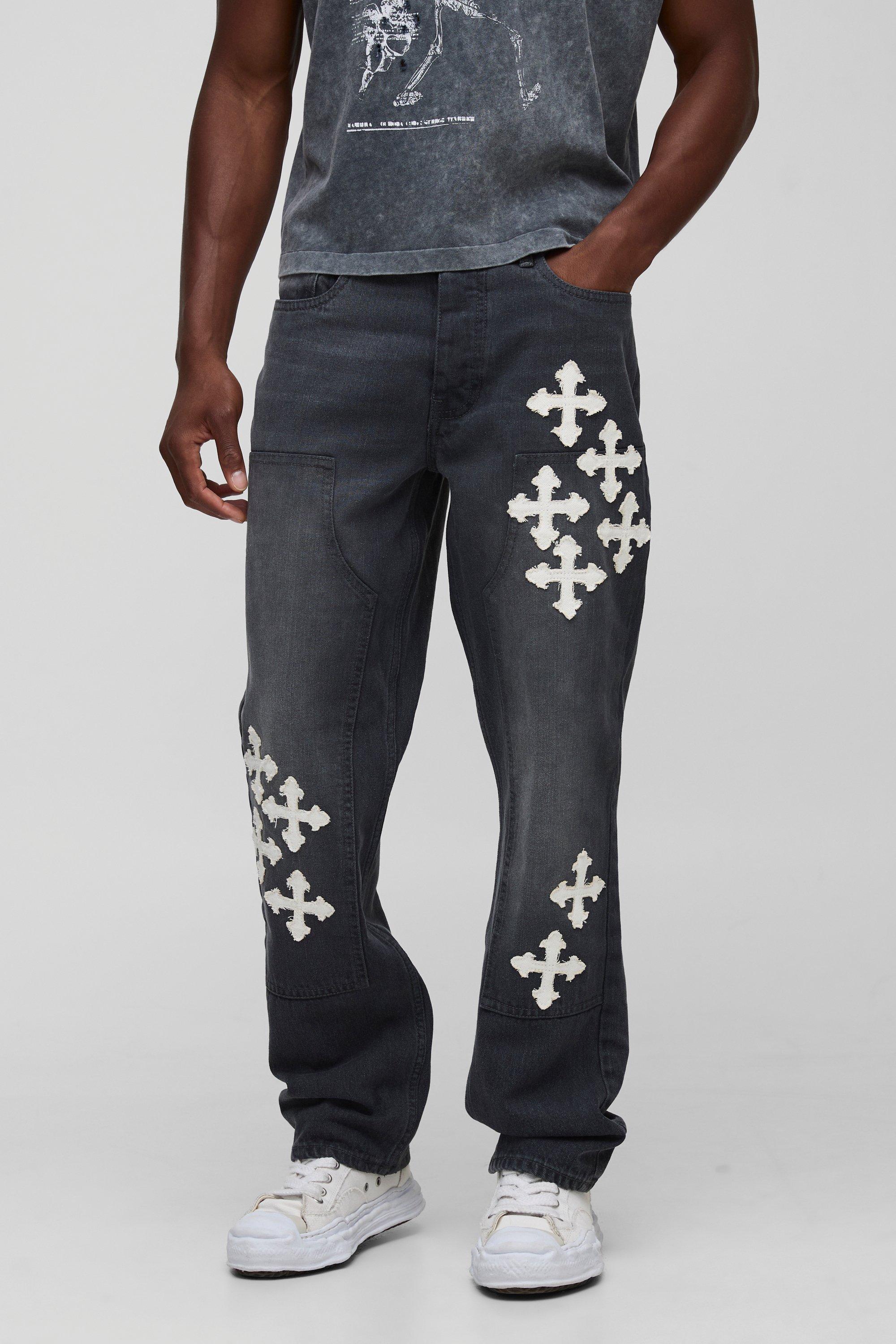 Image of Straight Fit Cross Applique Carpenter Jeans, Grigio