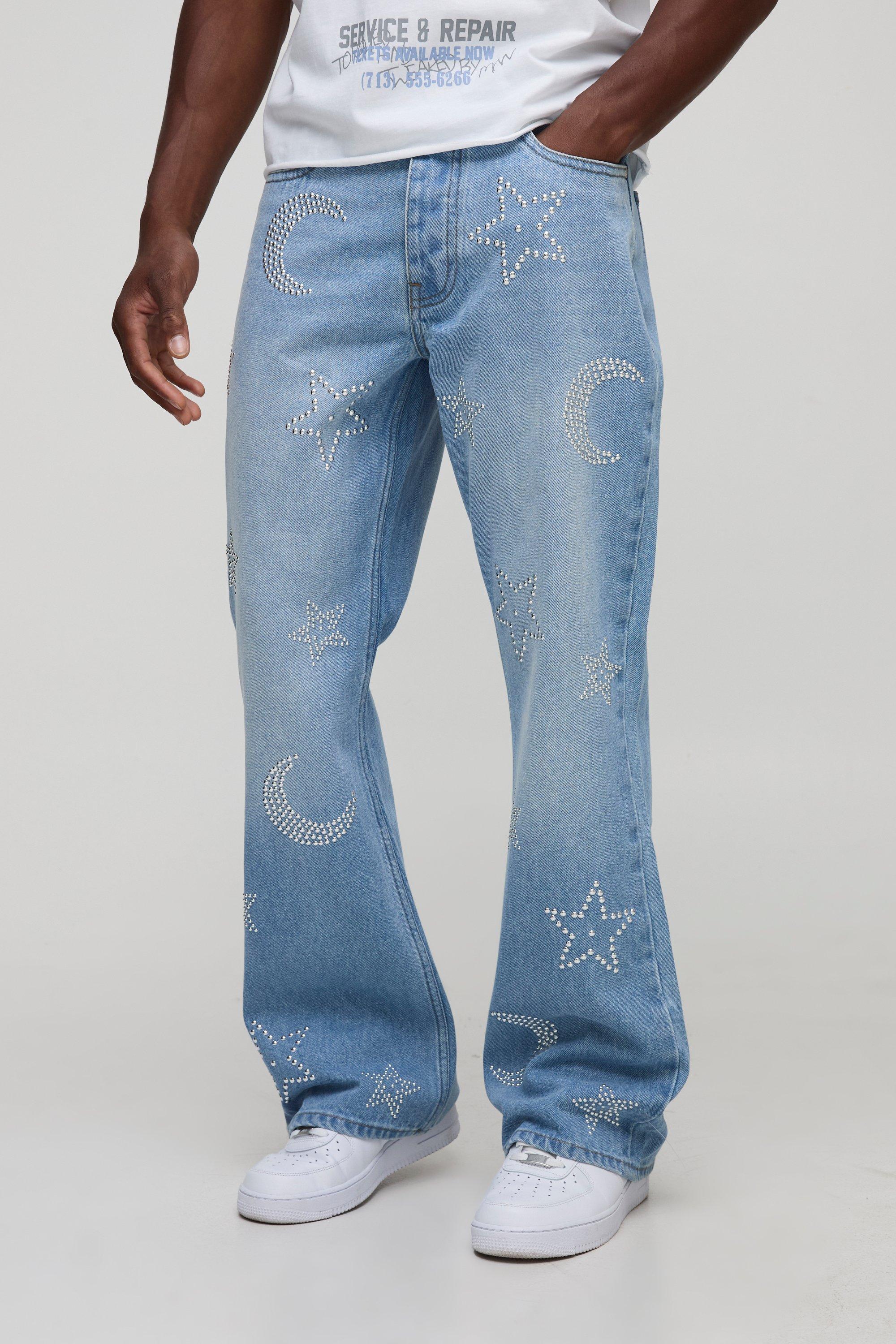 Image of Relaxed Flared Blue Washed Star Studded Jeans, Azzurro