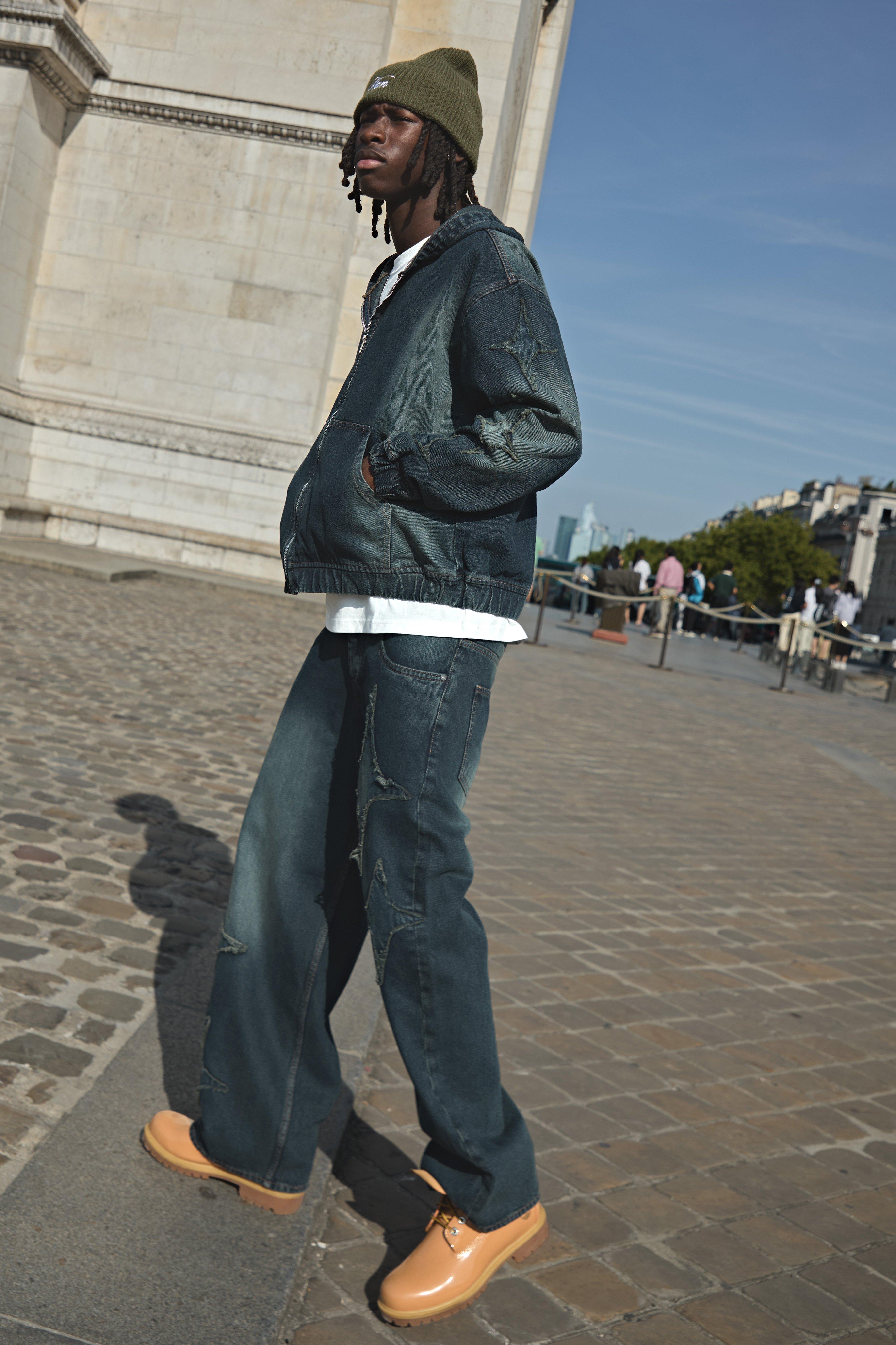 Image of Oversized Boxy Star Applique Washed Denim Hoodie, Verde