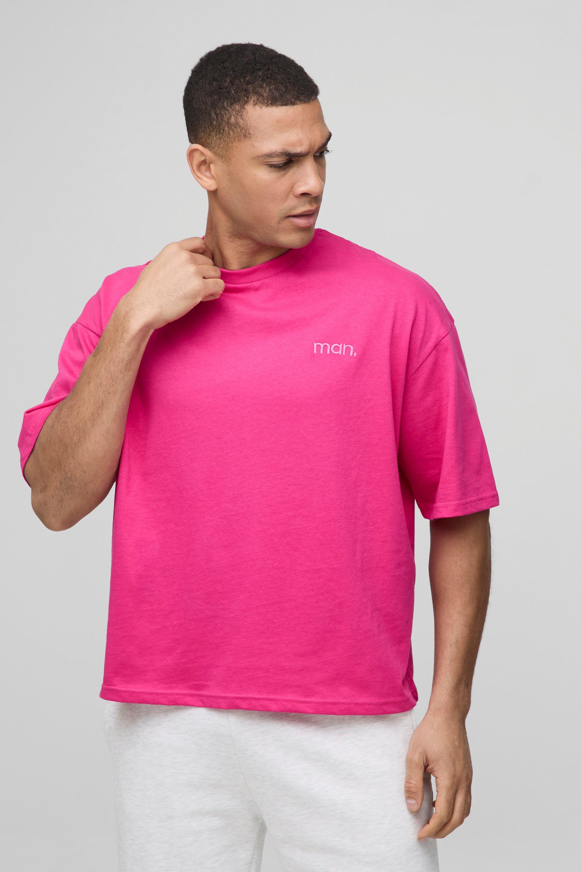 Mens Pink Oversized Boxy MAN. Extended Neck T-shirt, Pink