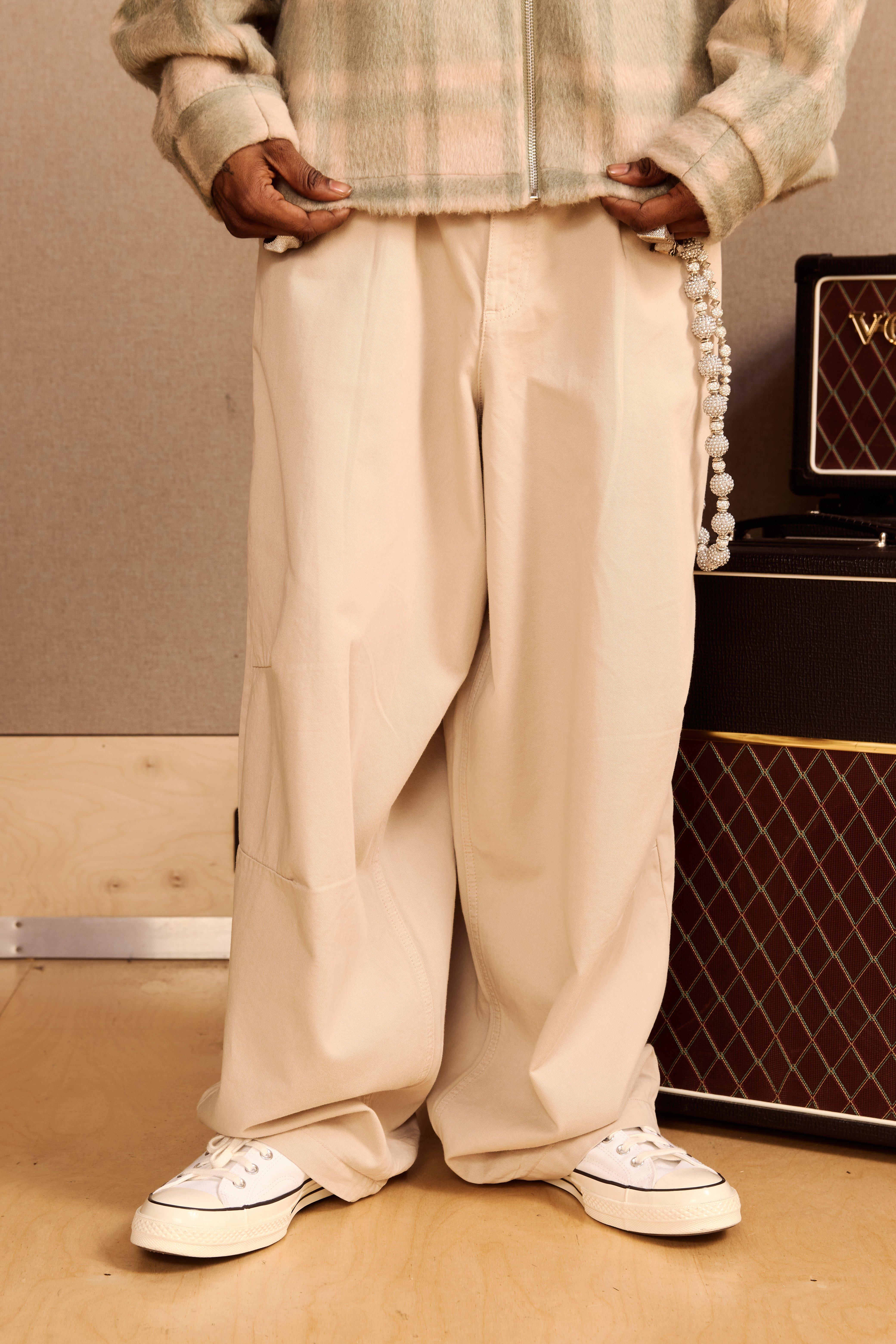 Mens Cream Balloon Fit Pleat Front Washed Twill Trousers, Cream