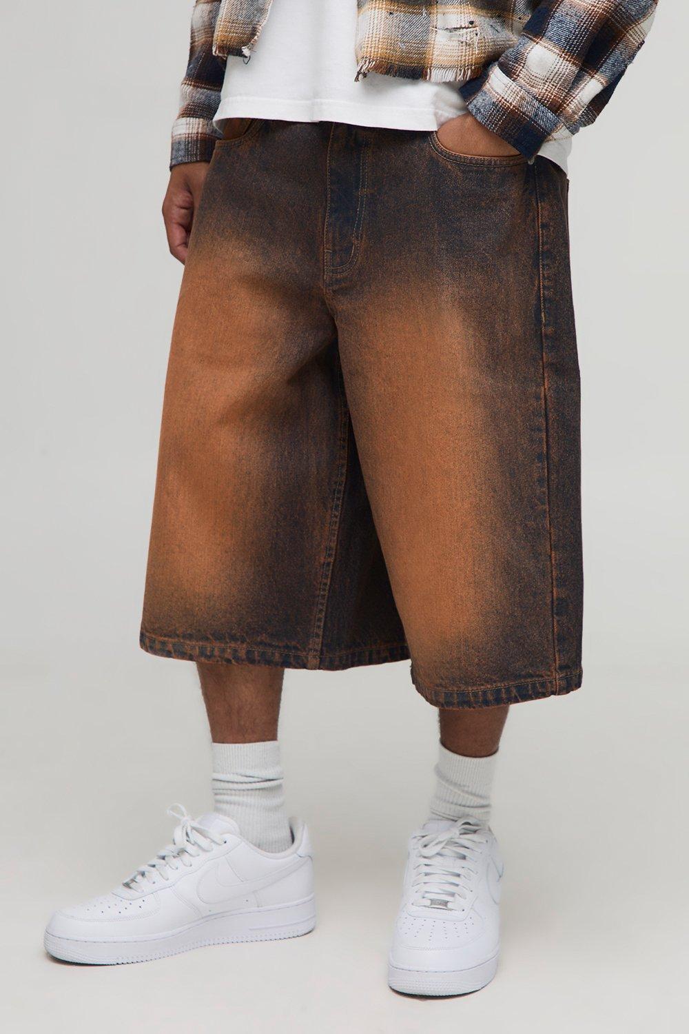 Mens Orange Longline Tinted Denim Jorts, Orange