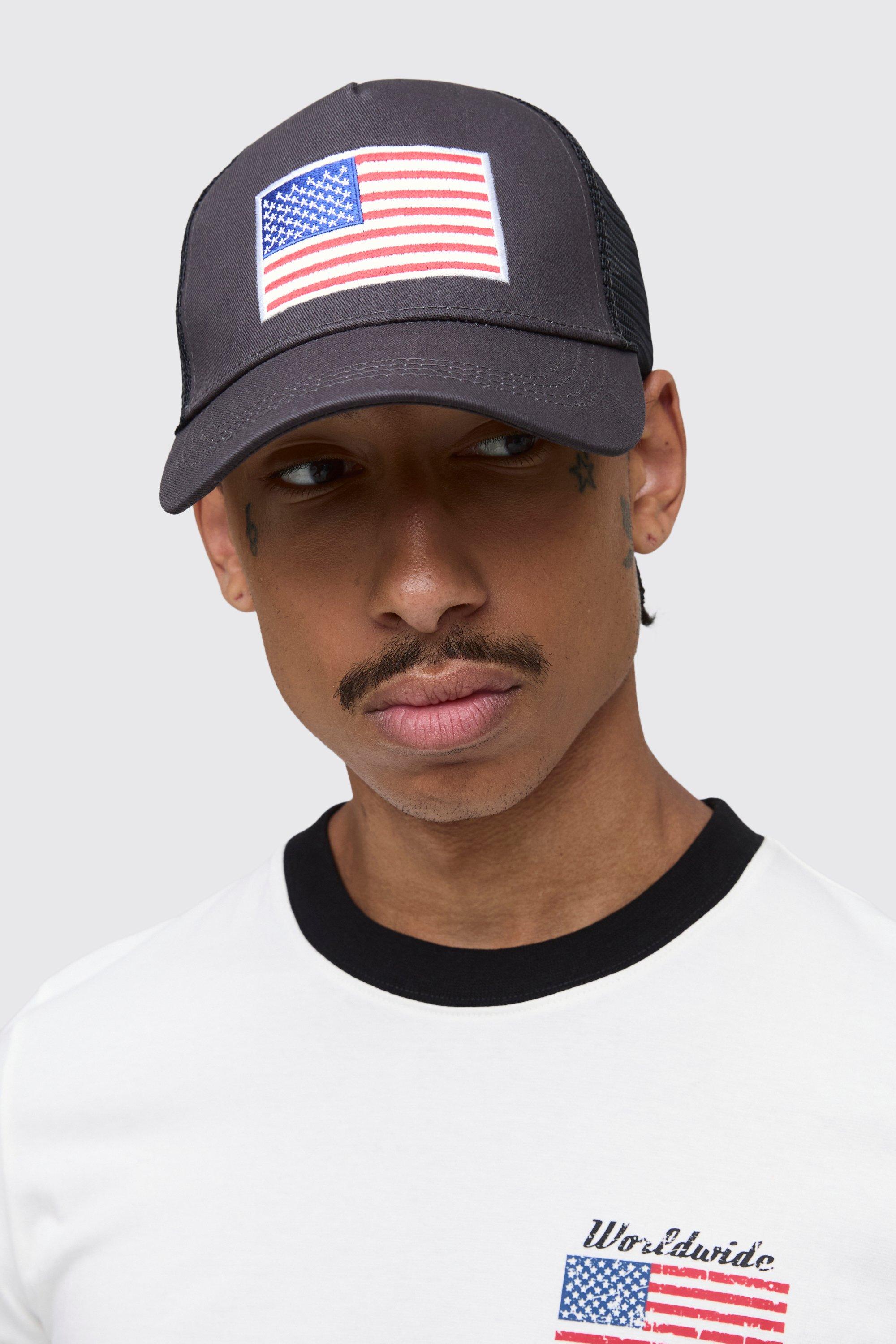 Image of Cappello da baseball con bandiera americana effetto smagliato, Nero
