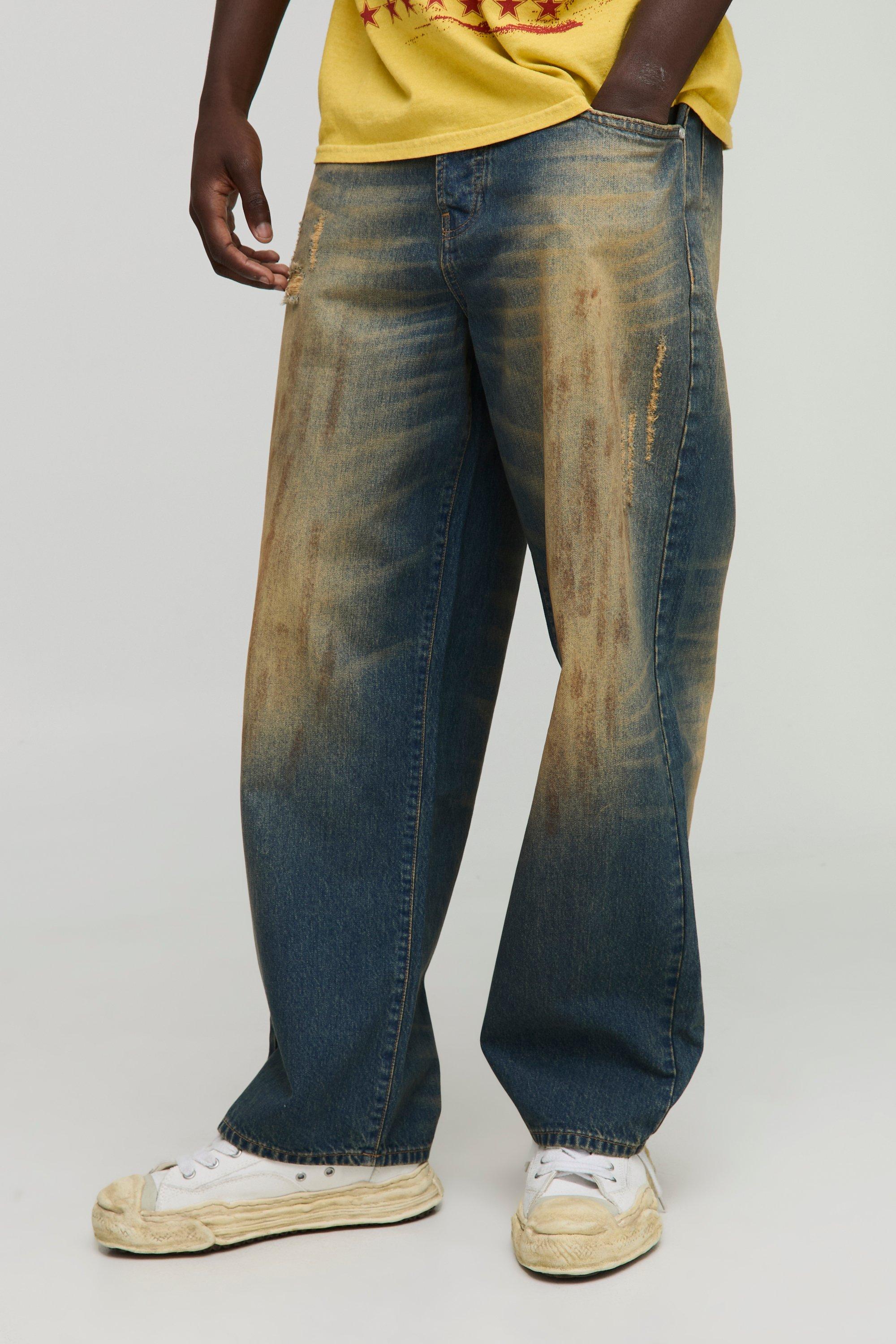 Mens Blue Baggy Fit Dirty Wash Distressed Denim Jeans, Blue