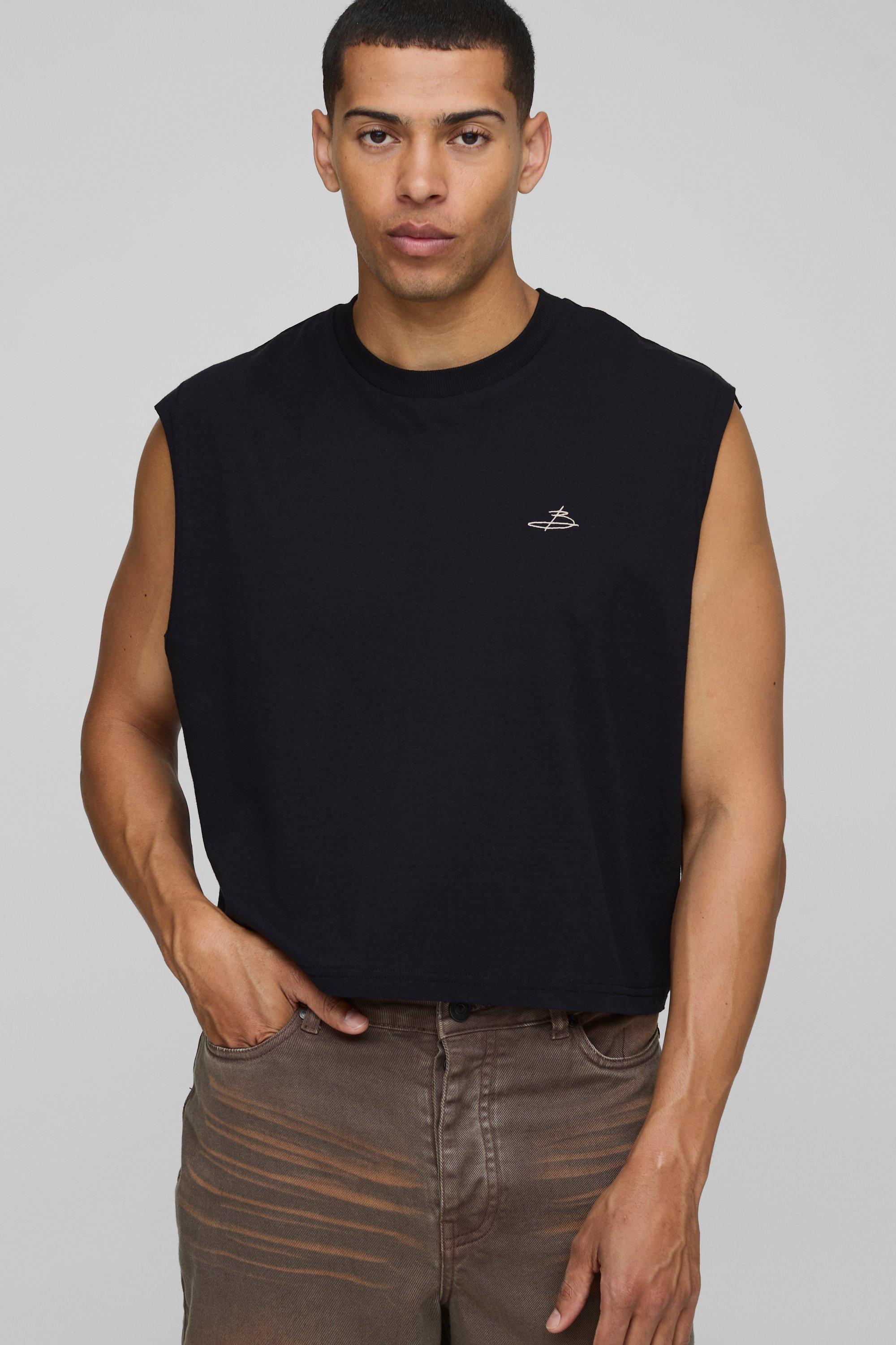 Mens Black Oversized Shrunken Boxy B Signature Embroidered vest, Black