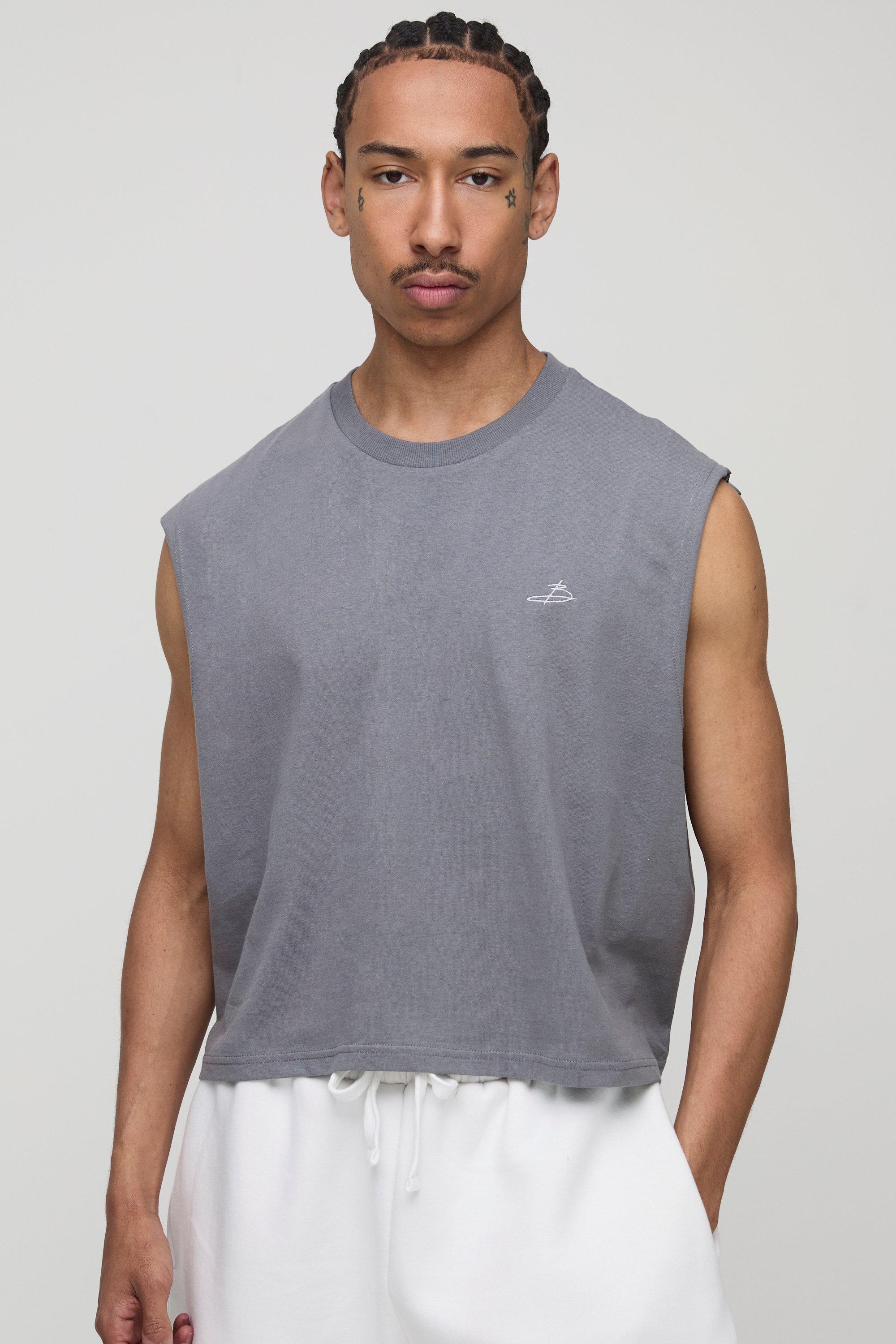 Mens Grey Oversized Shrunken Boxy B Signature Embroidered vest, Grey