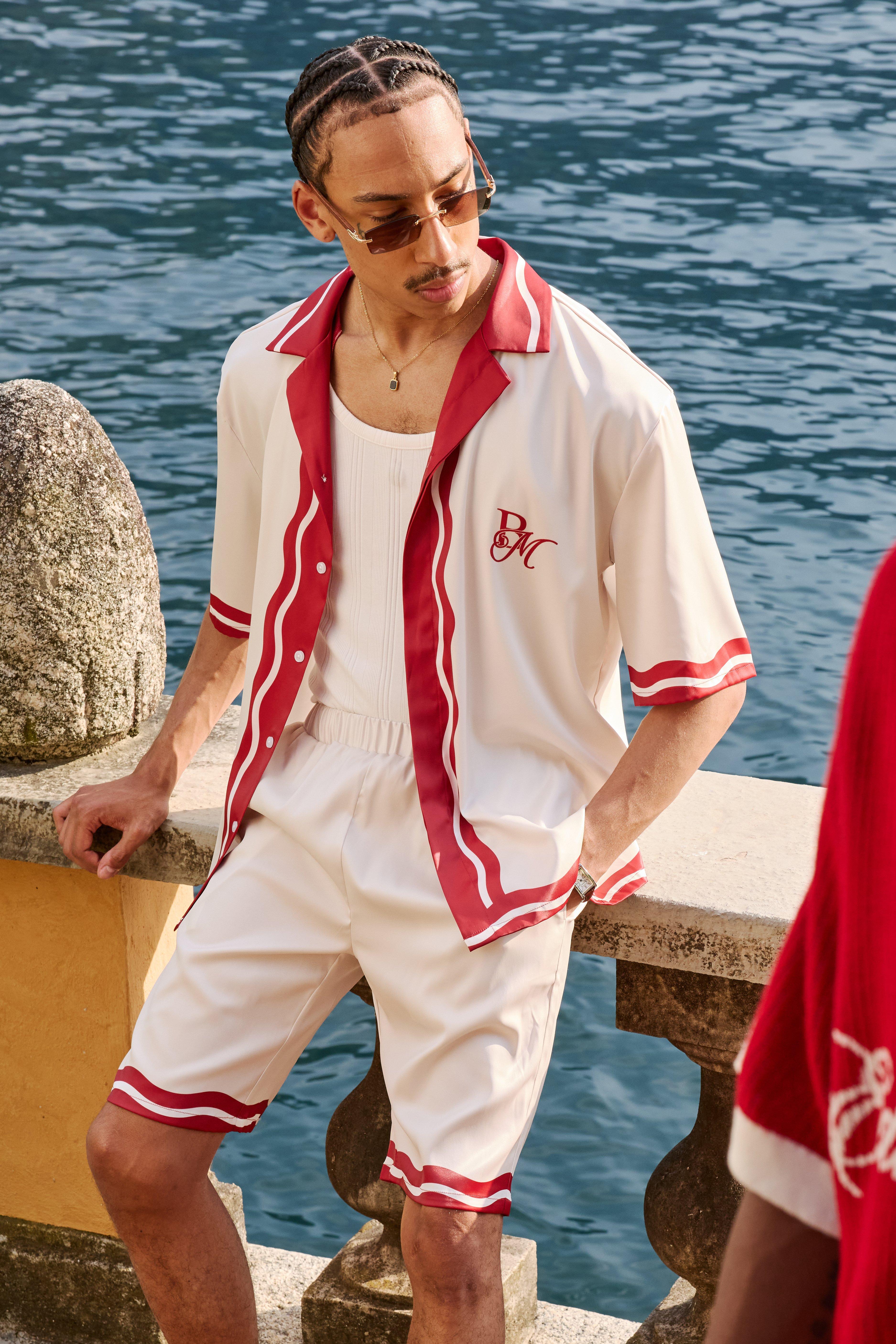 Mens Red Oversized Amalfi Print Satin Shirt and Short Set, Red