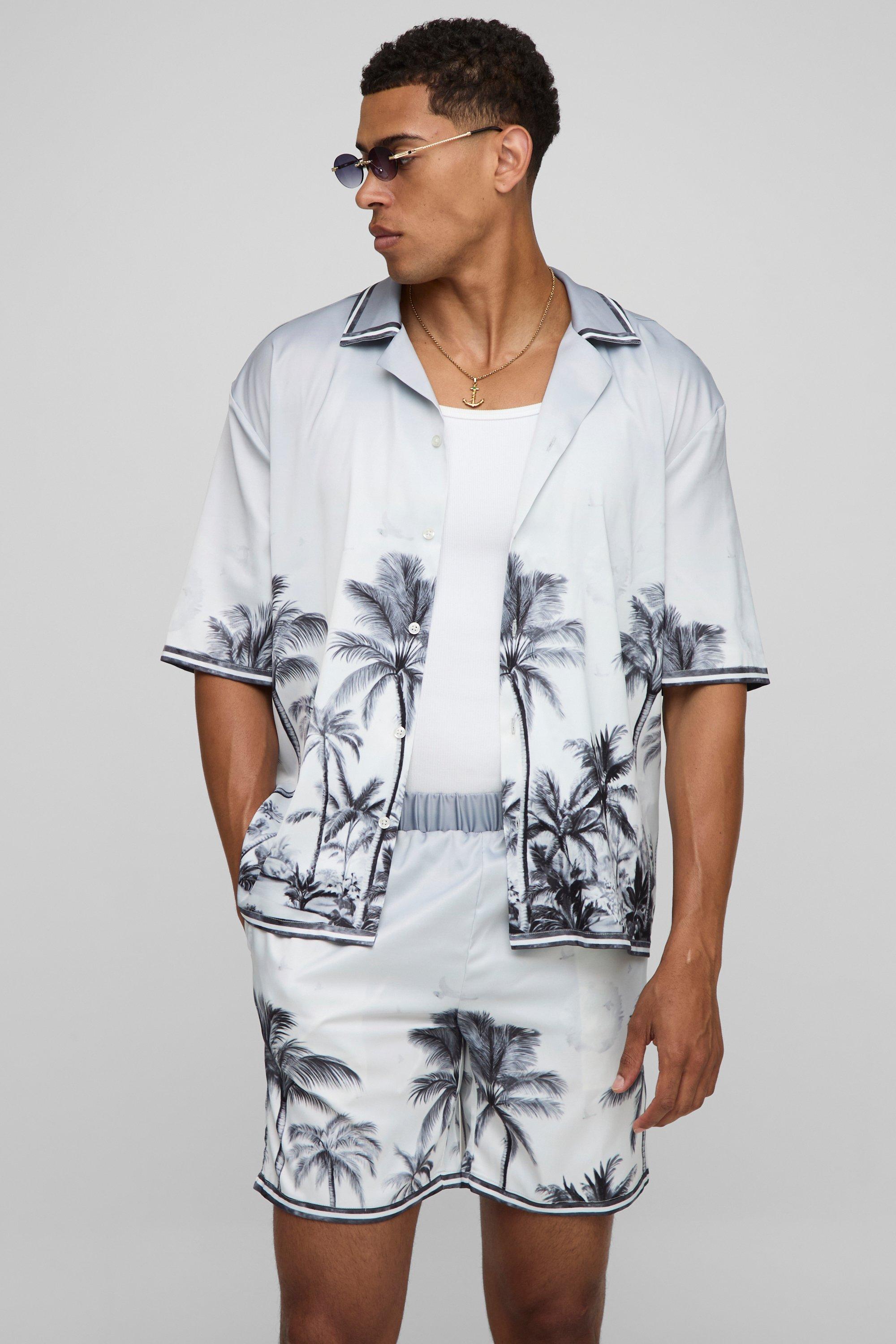 Mens Grey Oversized Palm Print Satin Shirt and Short Set, Grey