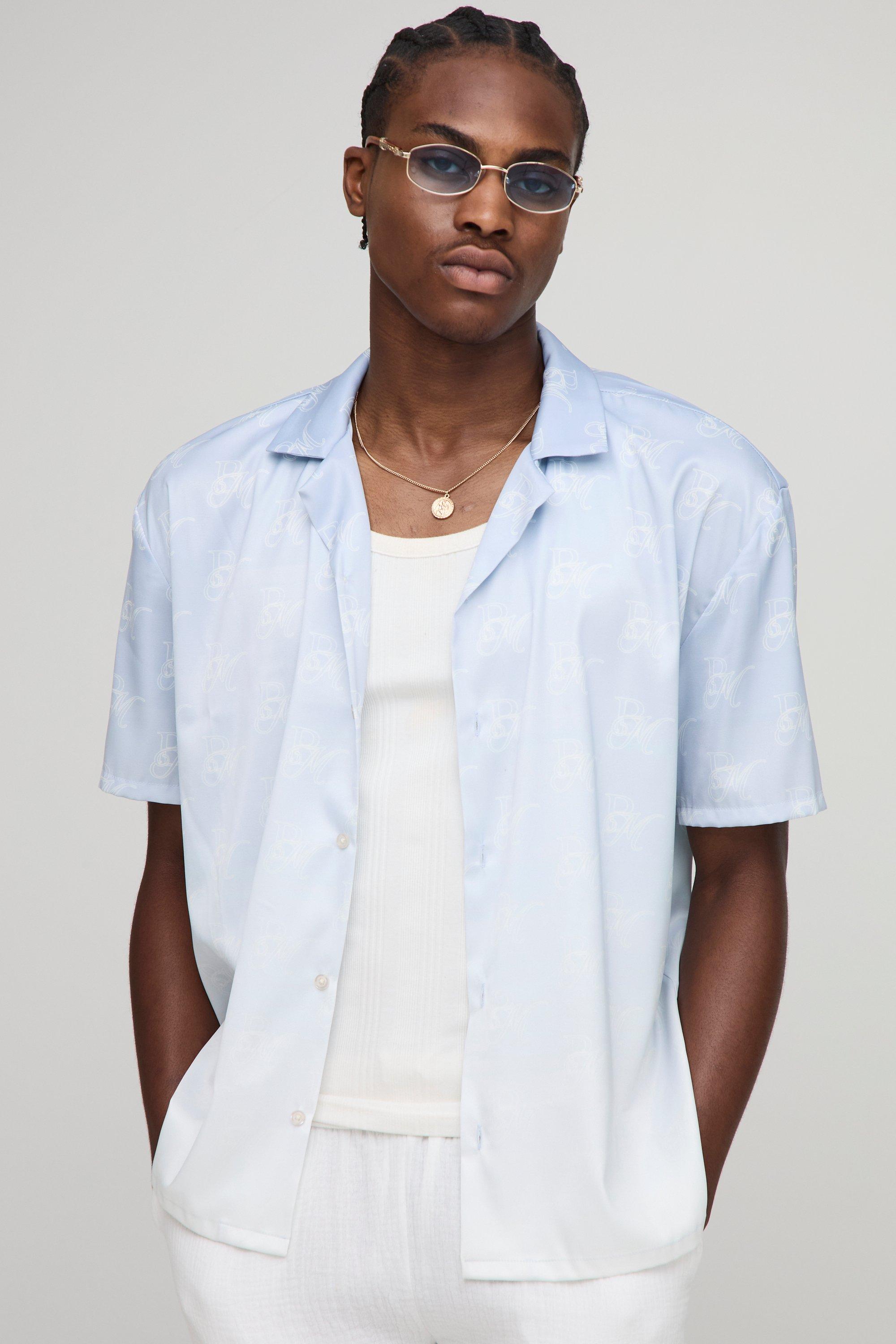 Image of Oversized Monogram Print Satin Shirt, Azzurro