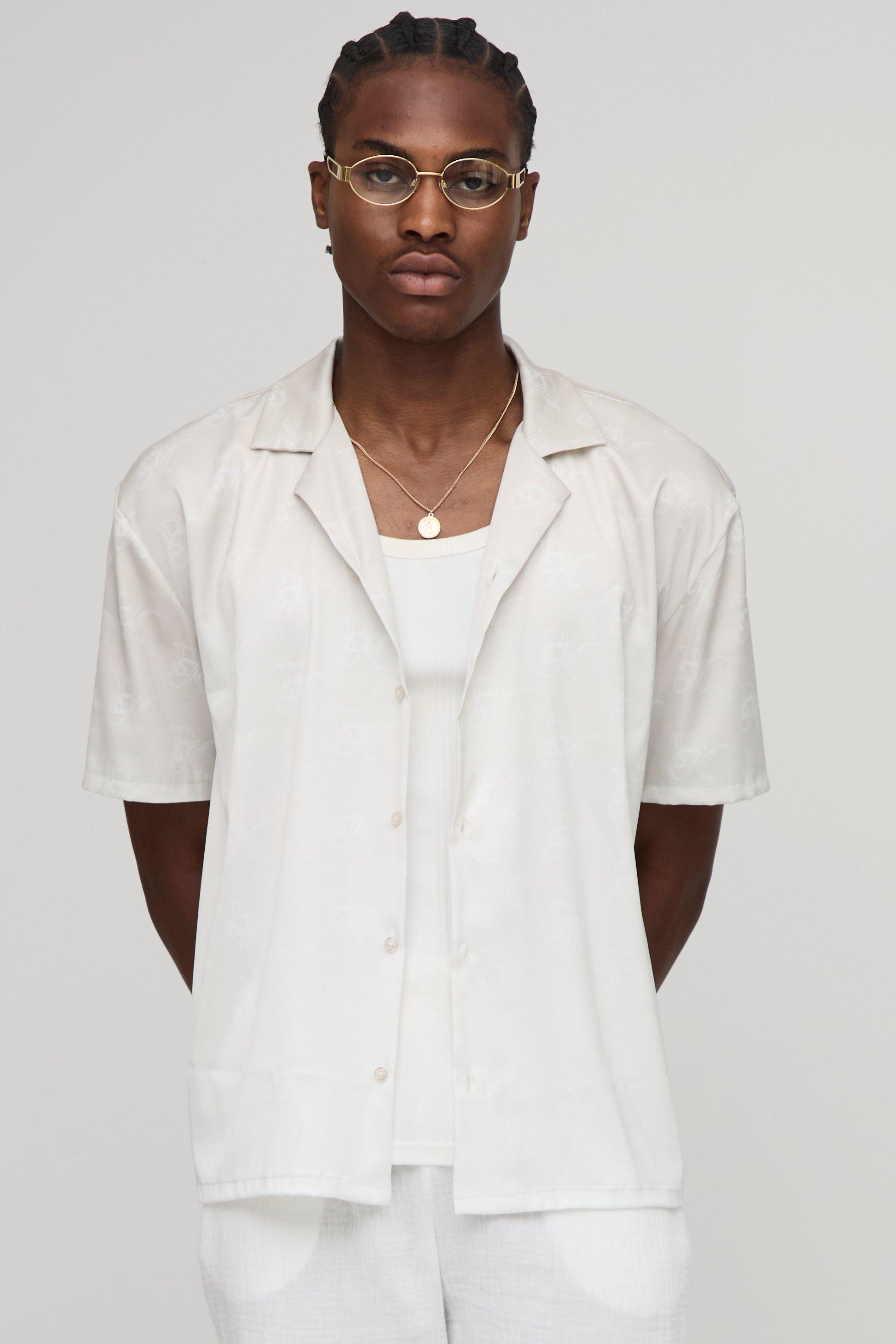 Image of Oversized Monogram Print Satin Shirt, Beige