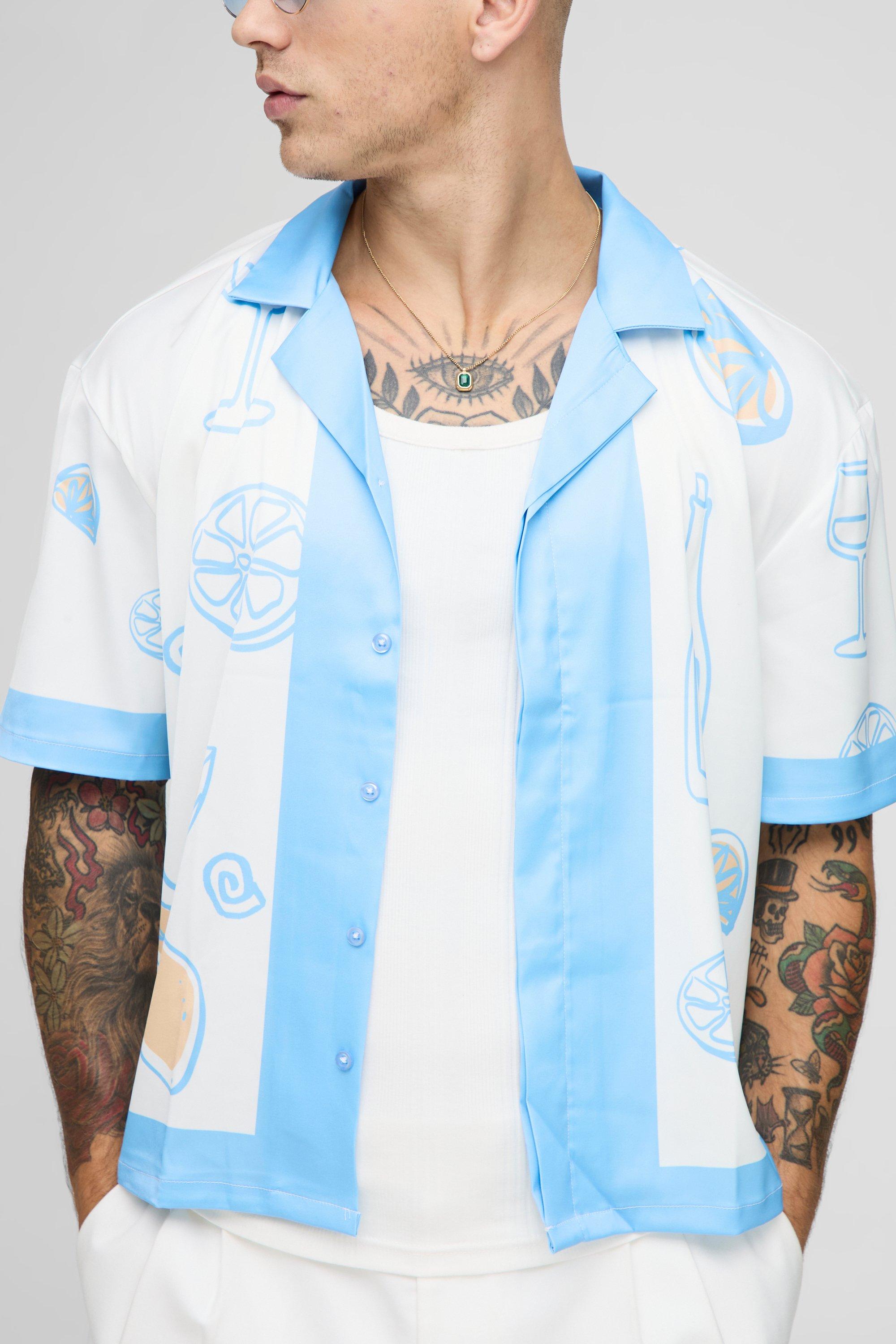 Image of Oversized Boxy Fruit Print Satin Shirt, Azzurro