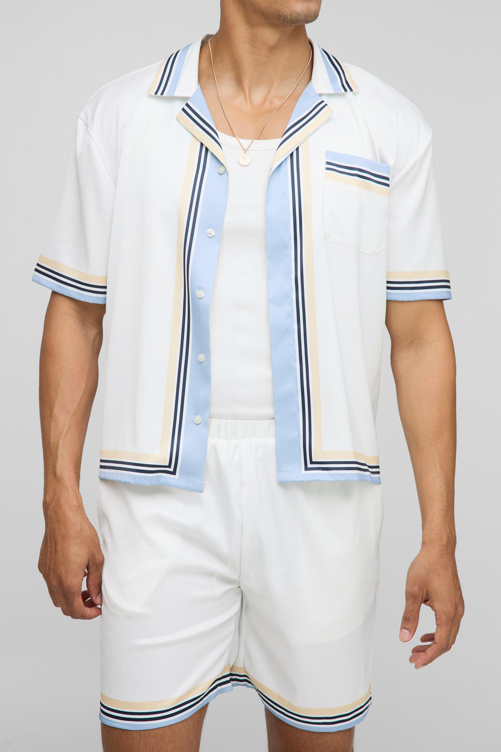 Mens White Oversized Boxy Print Satin Shirt and Short Set, White