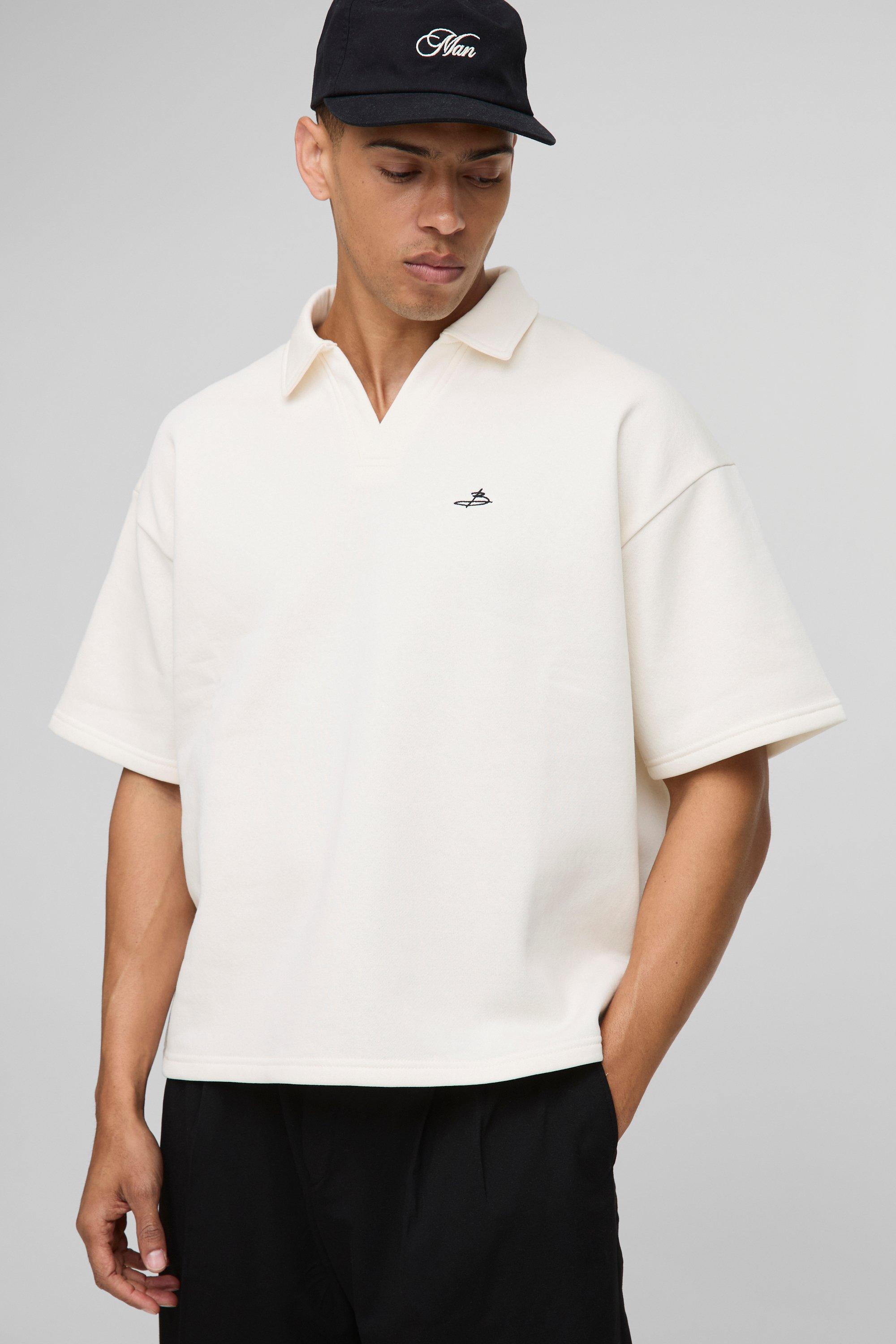 Mens Cream Oversized Boxy B Embroidered Short Sleeve Rugby Polo, Cream