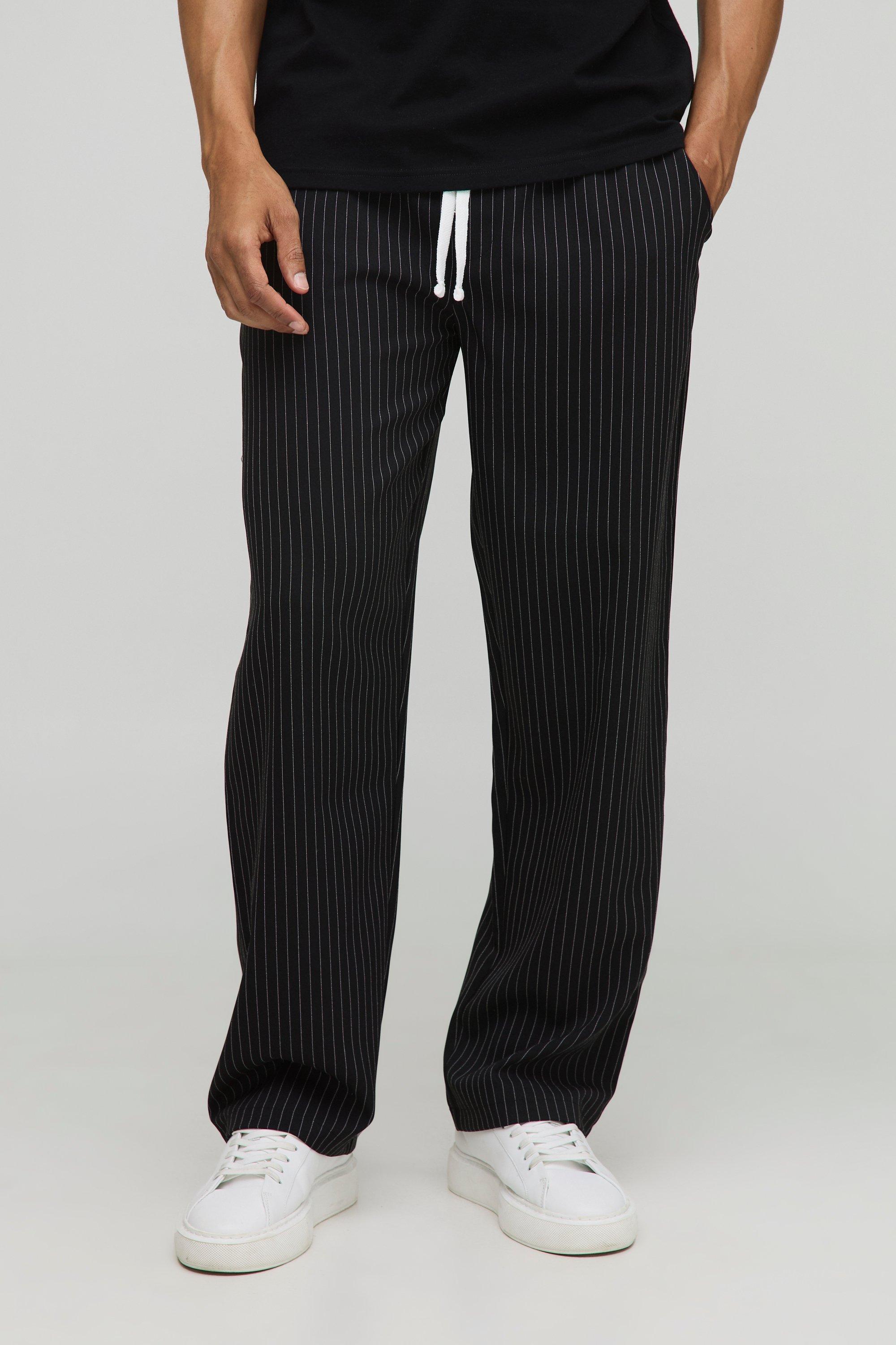 Mens Black Elasticated Waistband Relaxed Pinstripe Casual Trousers, Black