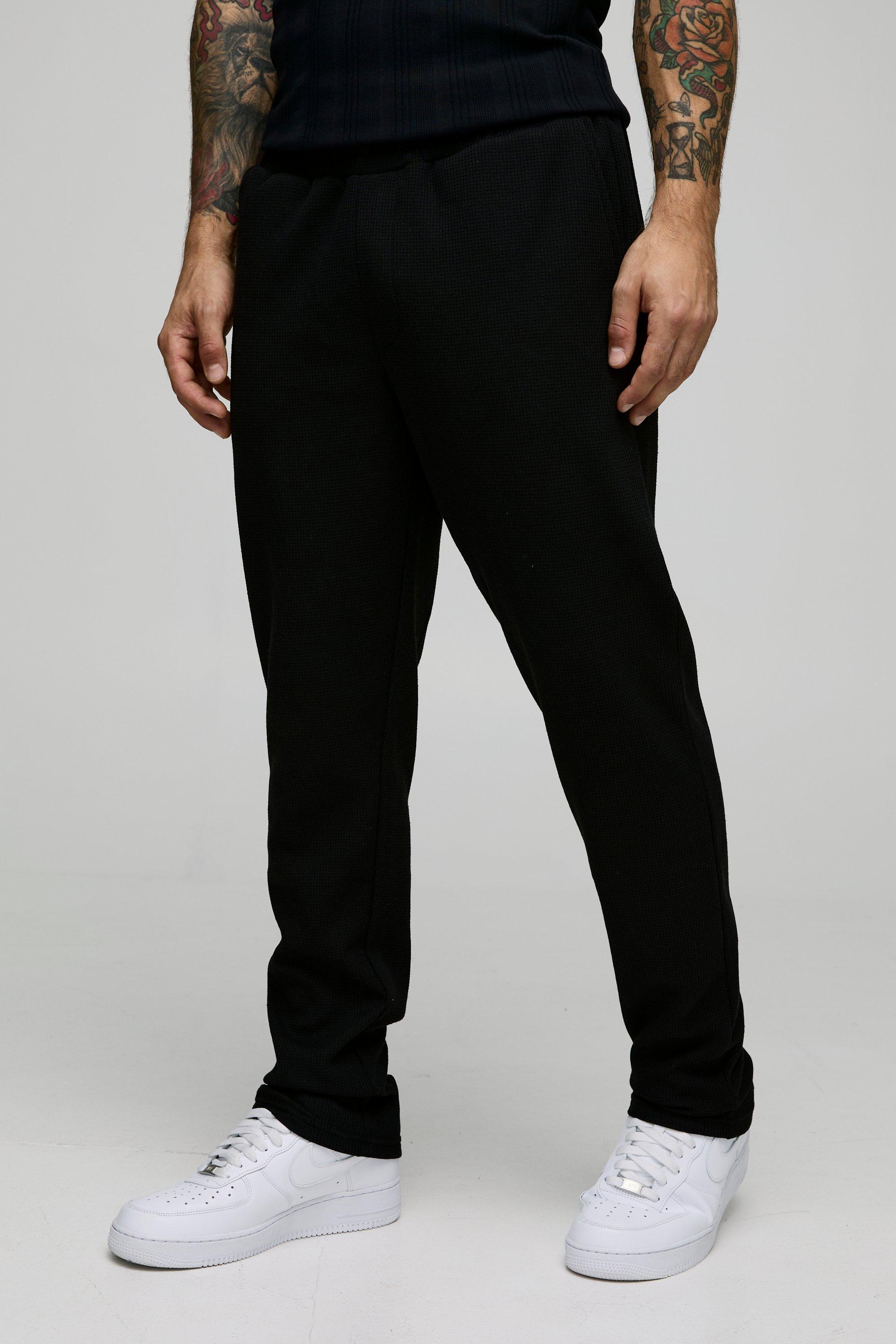 Mens Black Elasticated Waist Slim Fit Waffle Smart Trousers, Black
