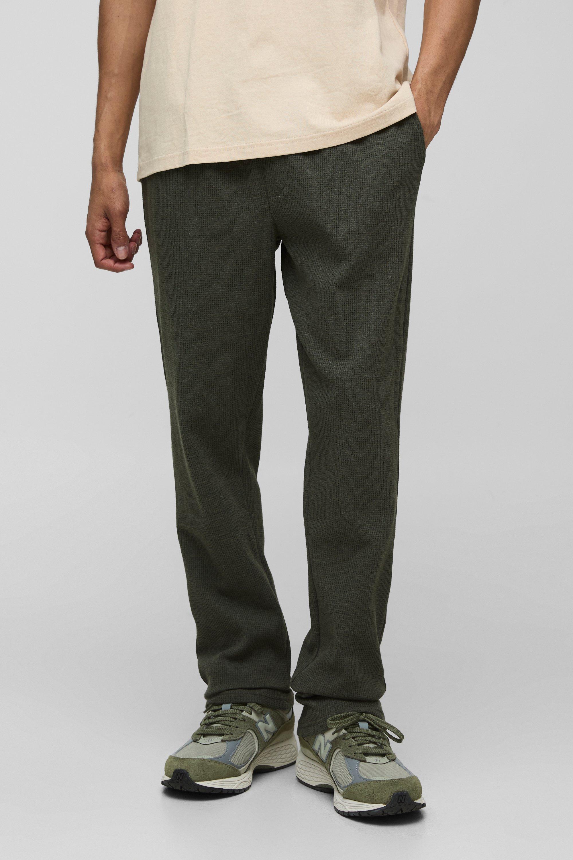 Mens Green Elasticated Waist Slim Fit Waffle Smart Trousers, Green