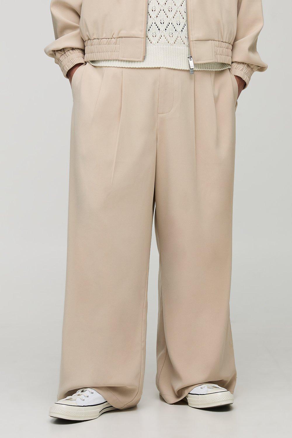 Mens Beige Pleated Front Wide Leg Trousers, Beige
