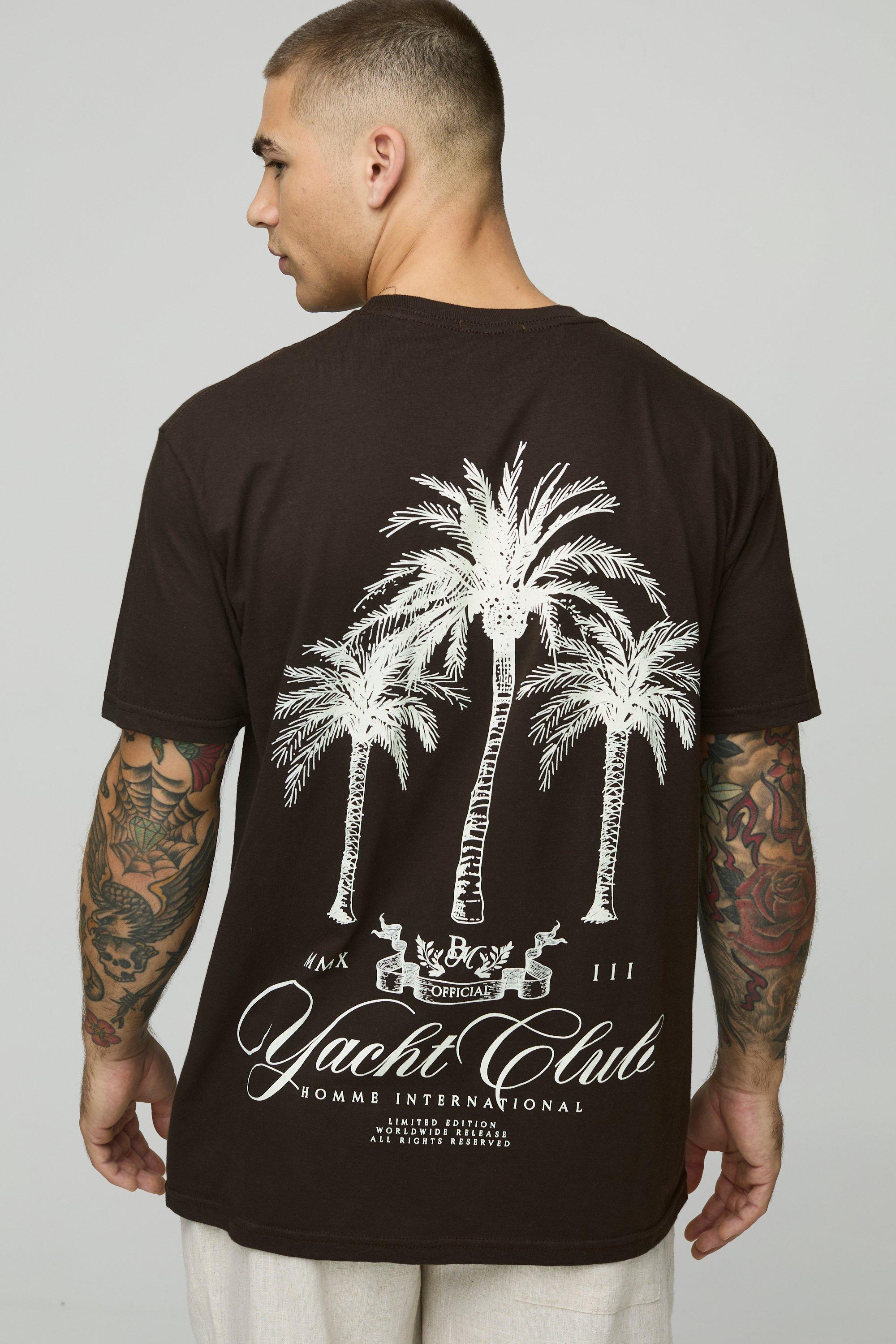 Mens Brown Oversized Yacht Club Palm Print T-Shirt, Brown