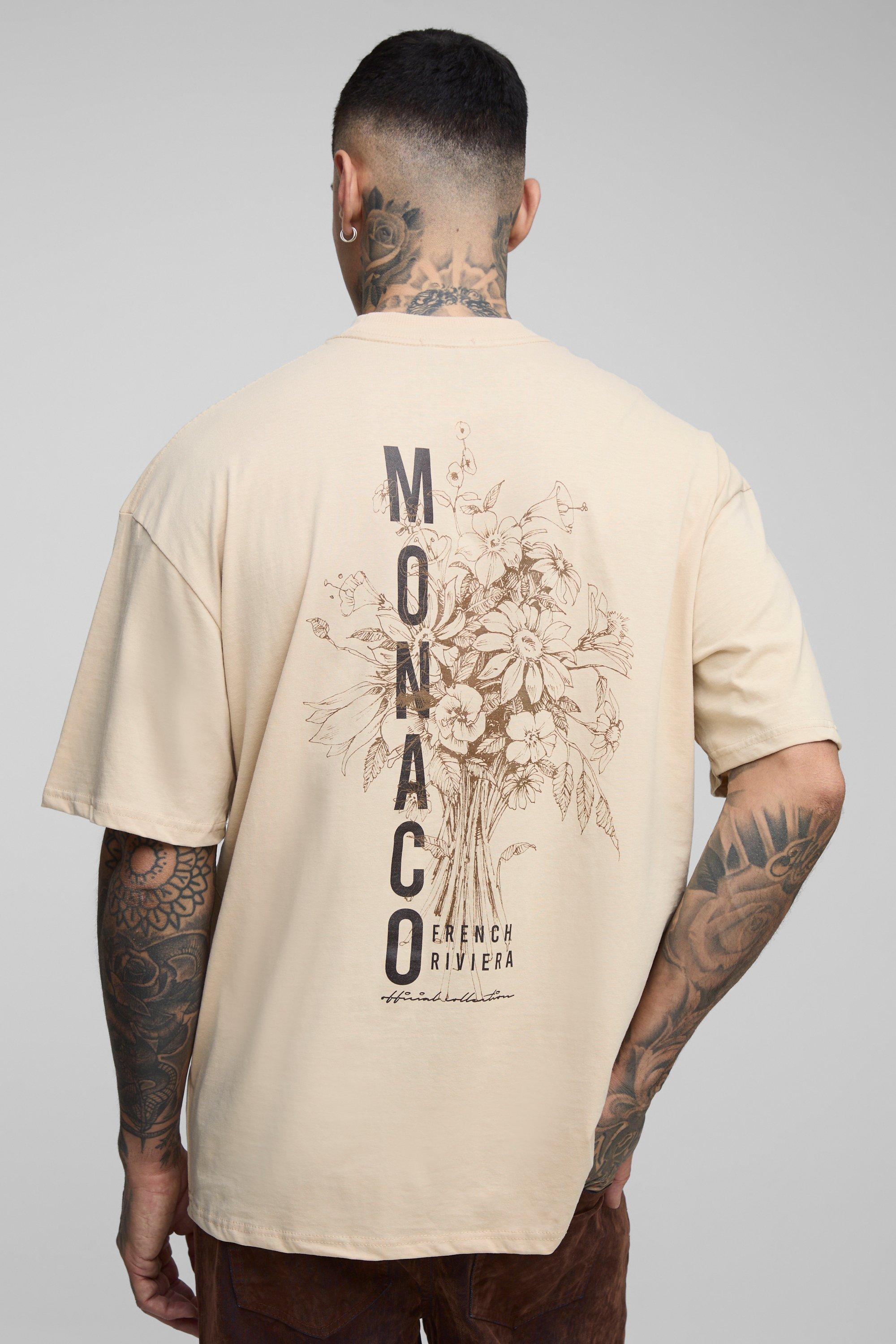 Image of T-shirt Tall oversize con stampa Monaco a fiori e girocollo esteso, Beige