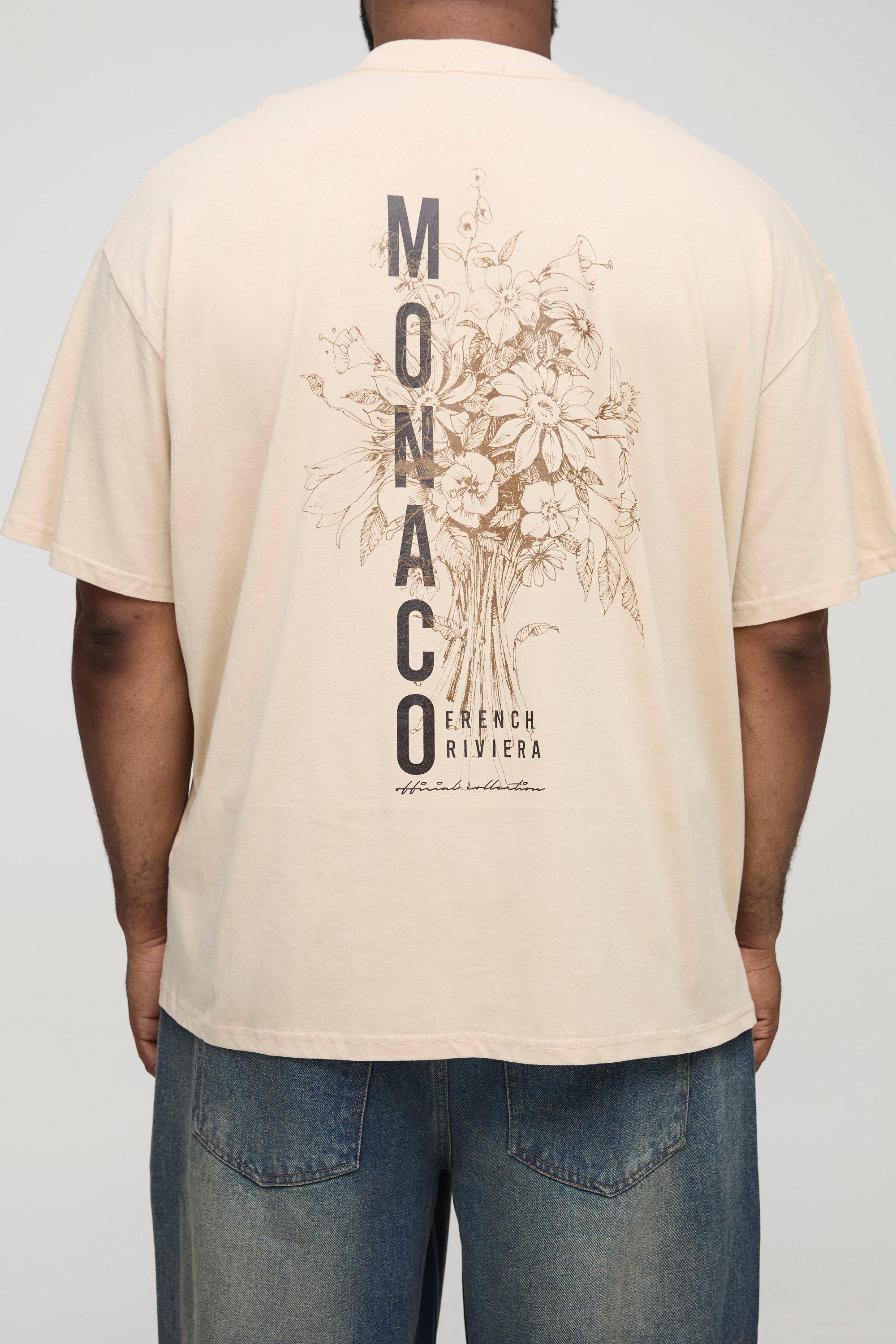 Image of T-shirt Plus Size oversize con stampa Monaco a fiori e girocollo esteso, Beige