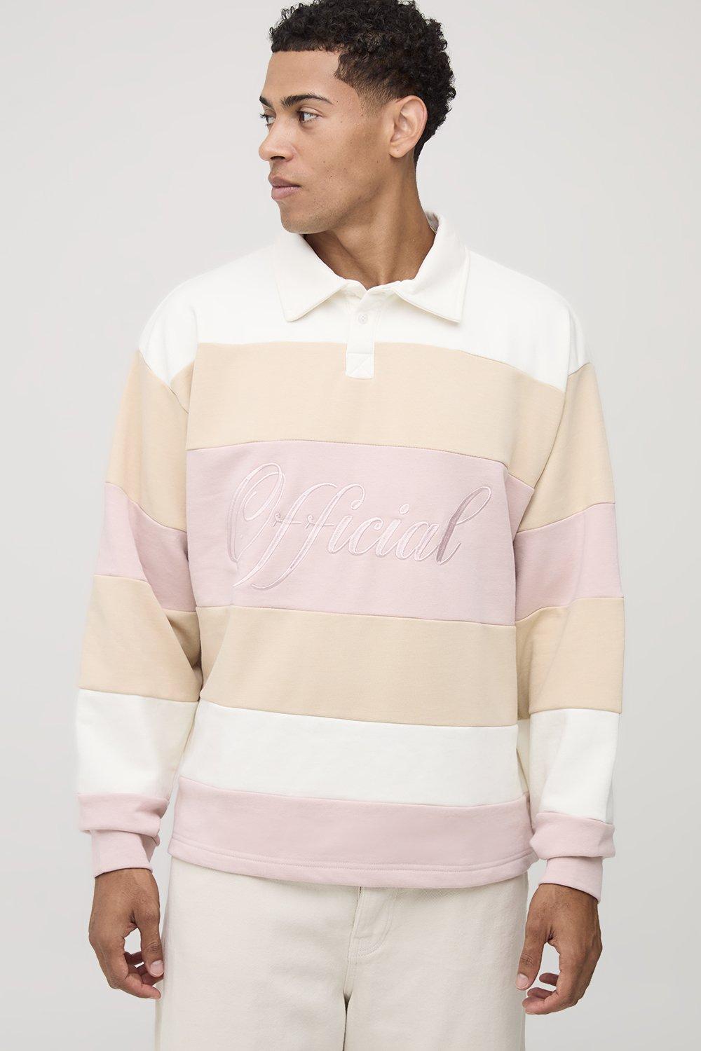 Mens Purple Oversized Boxy Stripe Embroidered Rugby Polo Sweatshirt, Purple