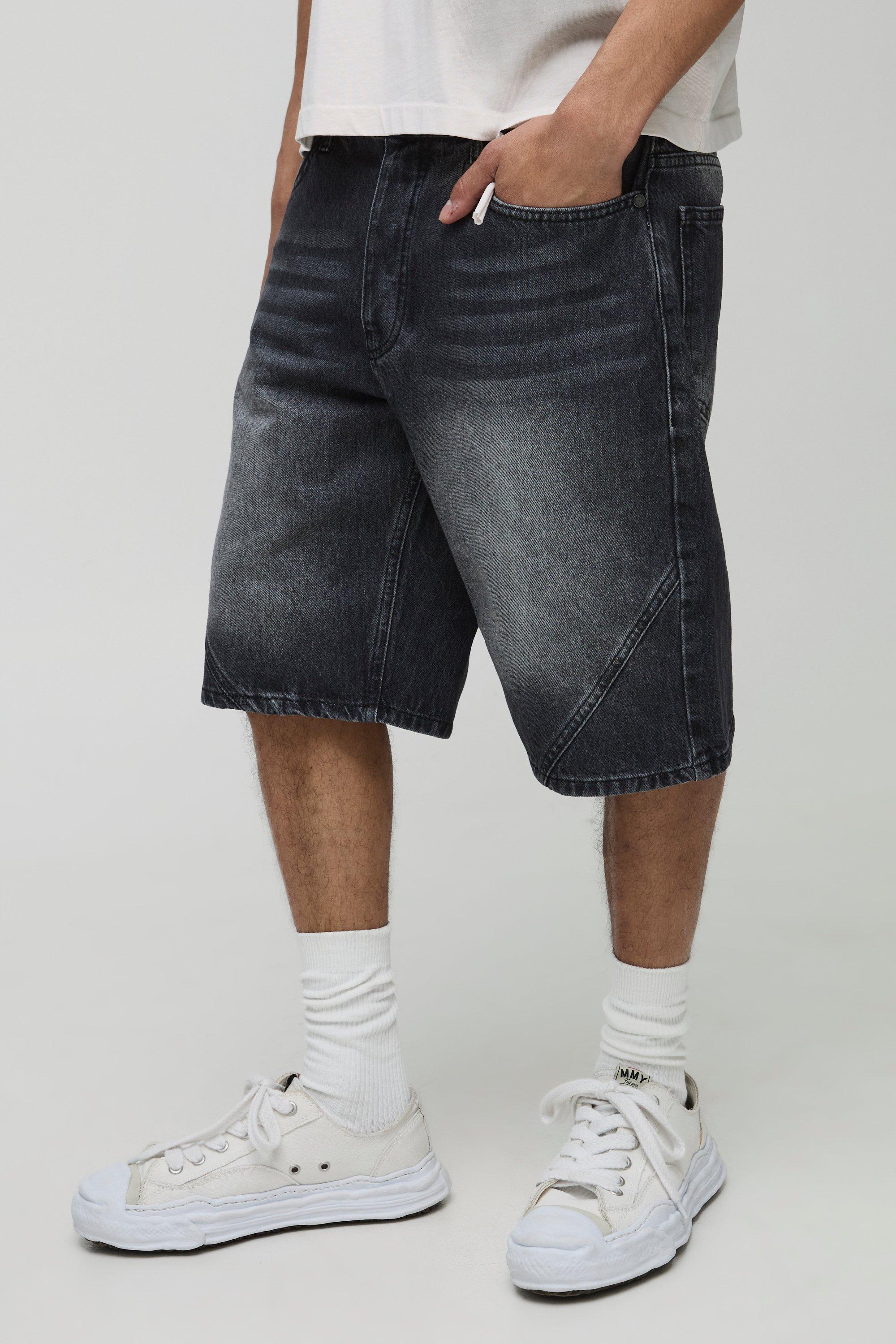Mens Black Relaxed Fit Panelled Washed Denim Shorts, Black